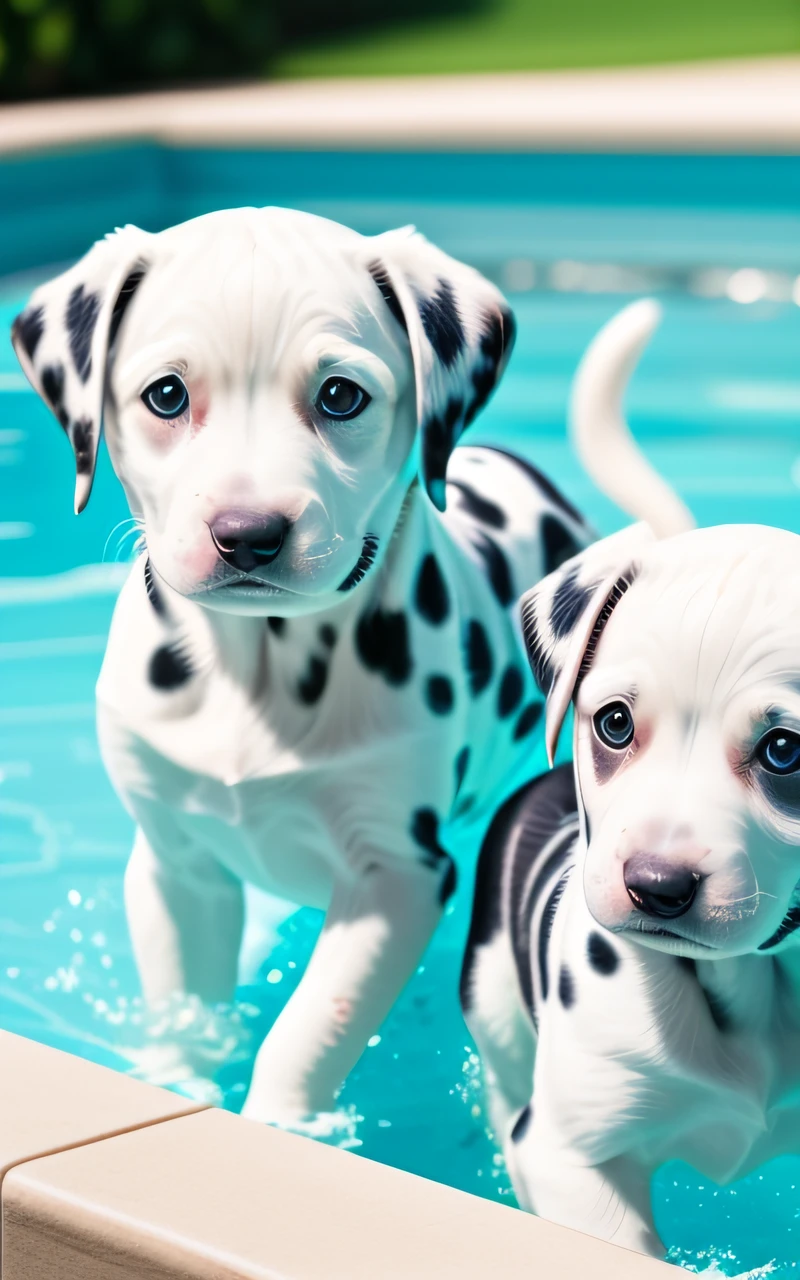 hyper Quality,Cute two Dalmatian puppies,different body colors,swimming in the pool,black eyes,barking,narrow eyes,smile,eos r3 28mm --auto