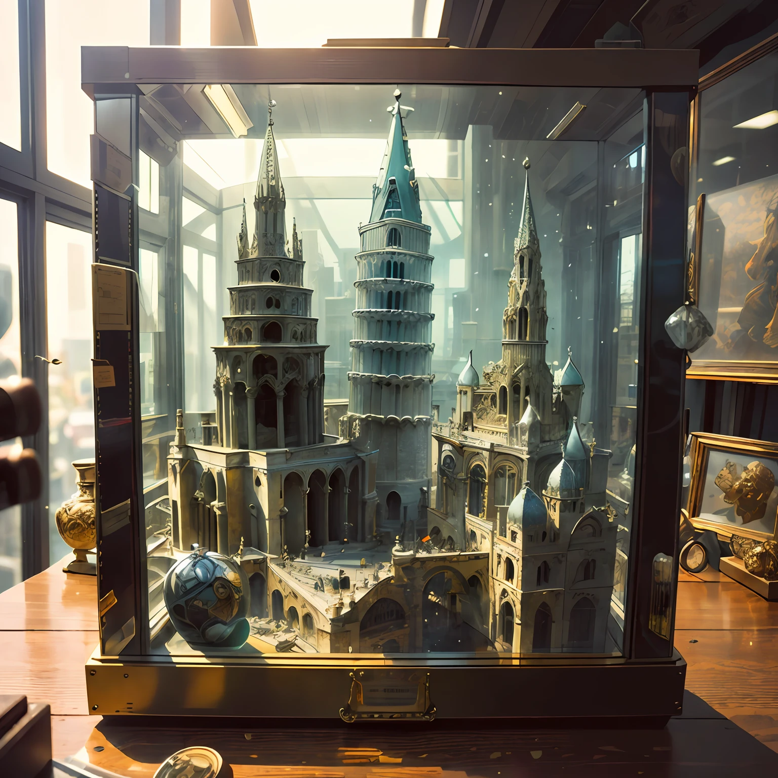 GlassSteelAI, (best quality:1.15), (masterpiece:1.17), (detailed:1.15), (realistic:1.2), (intricate:1.3),analog style, Dappled Light, close up, cinematic light, sidelighting, ultra high res, best shadow, RAW, (Leaning Tower of Pisa) , (KnollingCaseQuiron style), glass case, display case, (KnollingCase:1.5), no humans, scenery, still life, mirror, box, reflection, crystal,