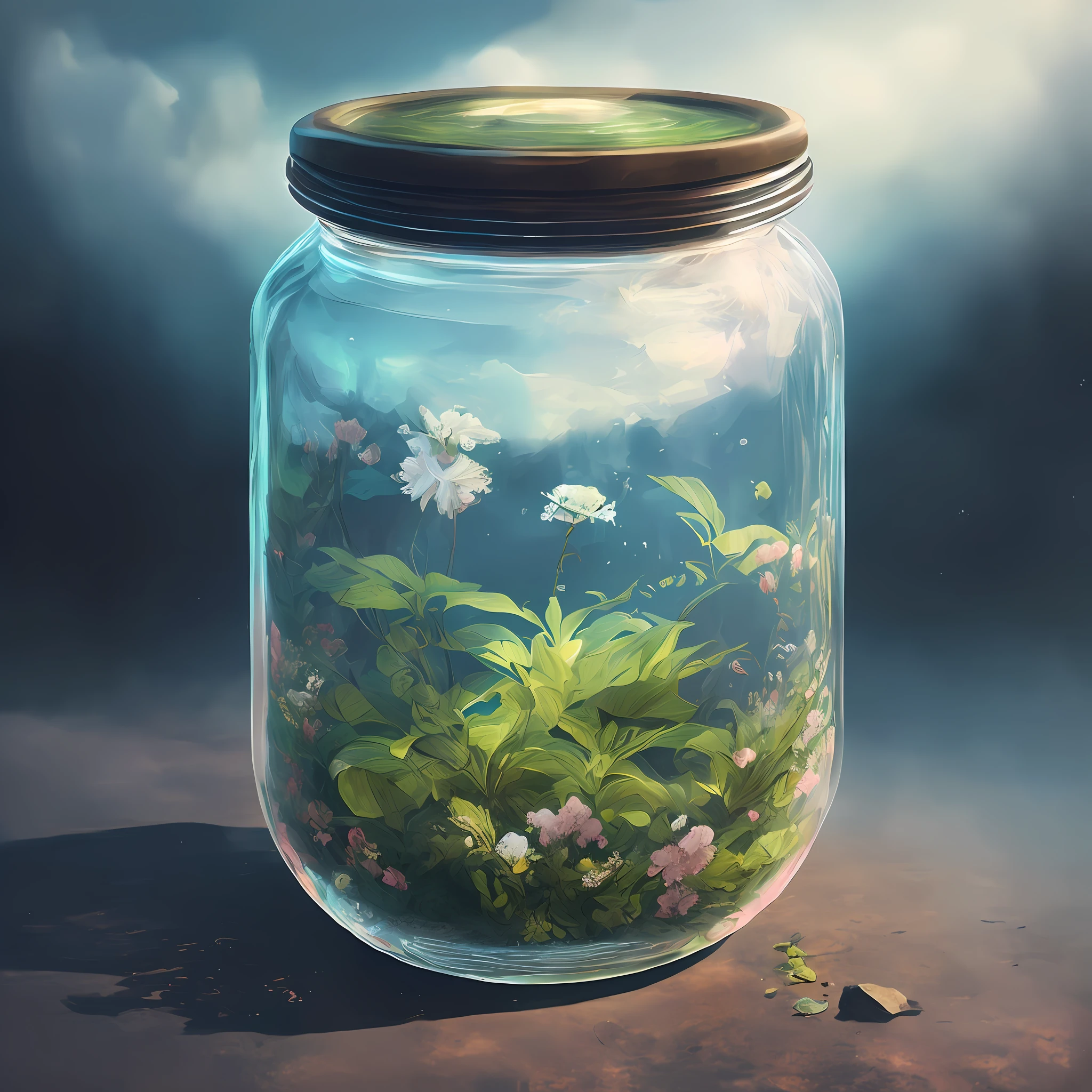 ((There is a jar, there must be a jar, there is a background, the jar is pink, super detailed, complex details)) girl, girl in the jar, full body, (face details: 1.2), masterpiece, fashion, hanfu, , medium hair, black hair, double ponytail, bangs, brown eyes,