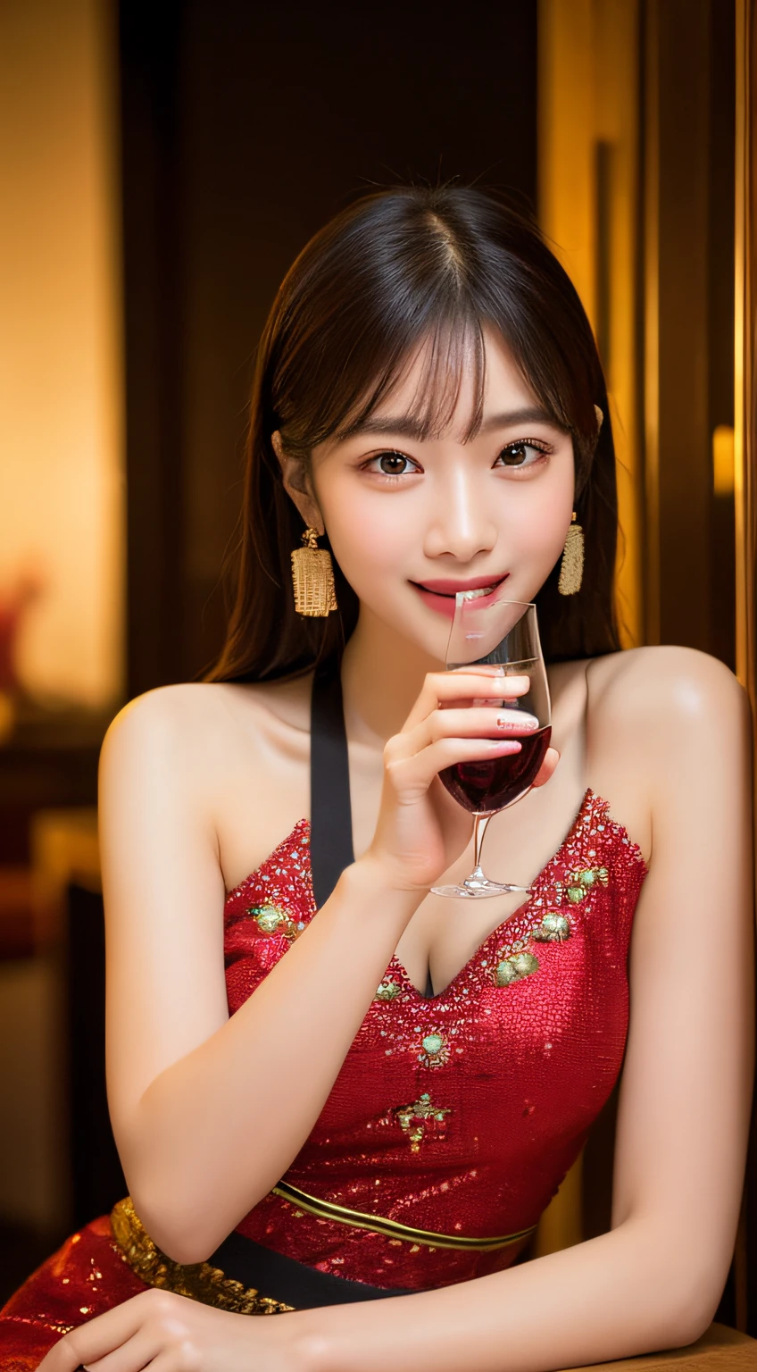 ((Best Quality, 8K, Masterpiece: 1.3)), 1girl, wearing karenni traditional dress, drinking kayah traditional red wine. y: 1.3, Super Fine Face, Delicate Eyes, Double Eyelids, Smile, at karenni traditional restaurant, back to 2000 theme