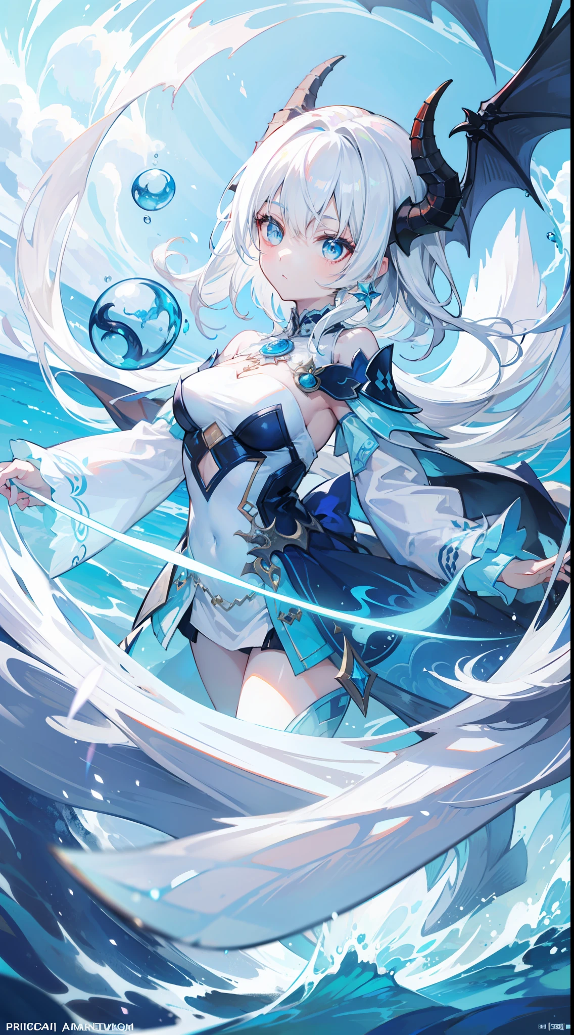 light blue sea background, dragon girl, white hair, light blue dragon horn, glowing light, light blue bubbles,