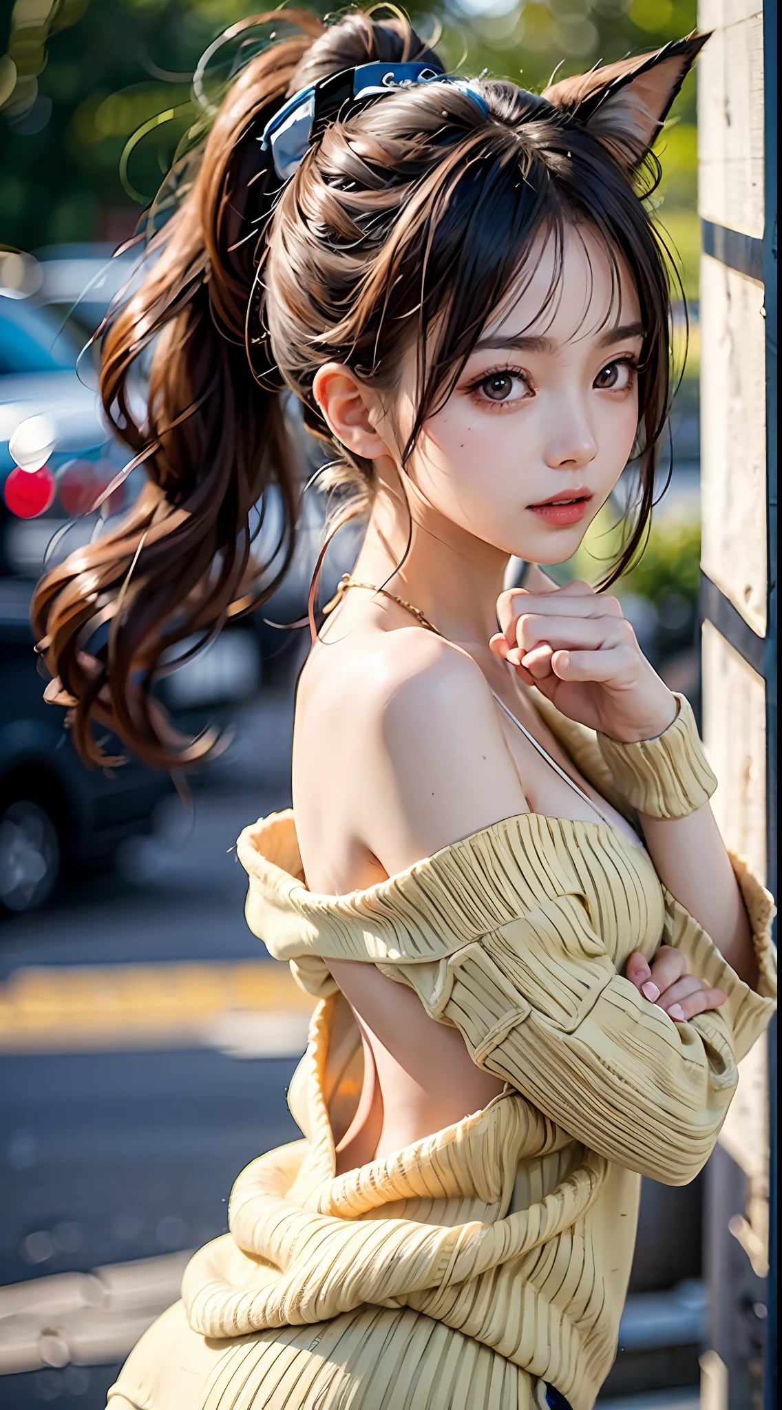 A pure girl, fox ears, backless sweater, golden high ponytail, light, eyes looking ahead, outdoors, hands behind her back, sexy, showing beauty, white sneakers, tassels,
