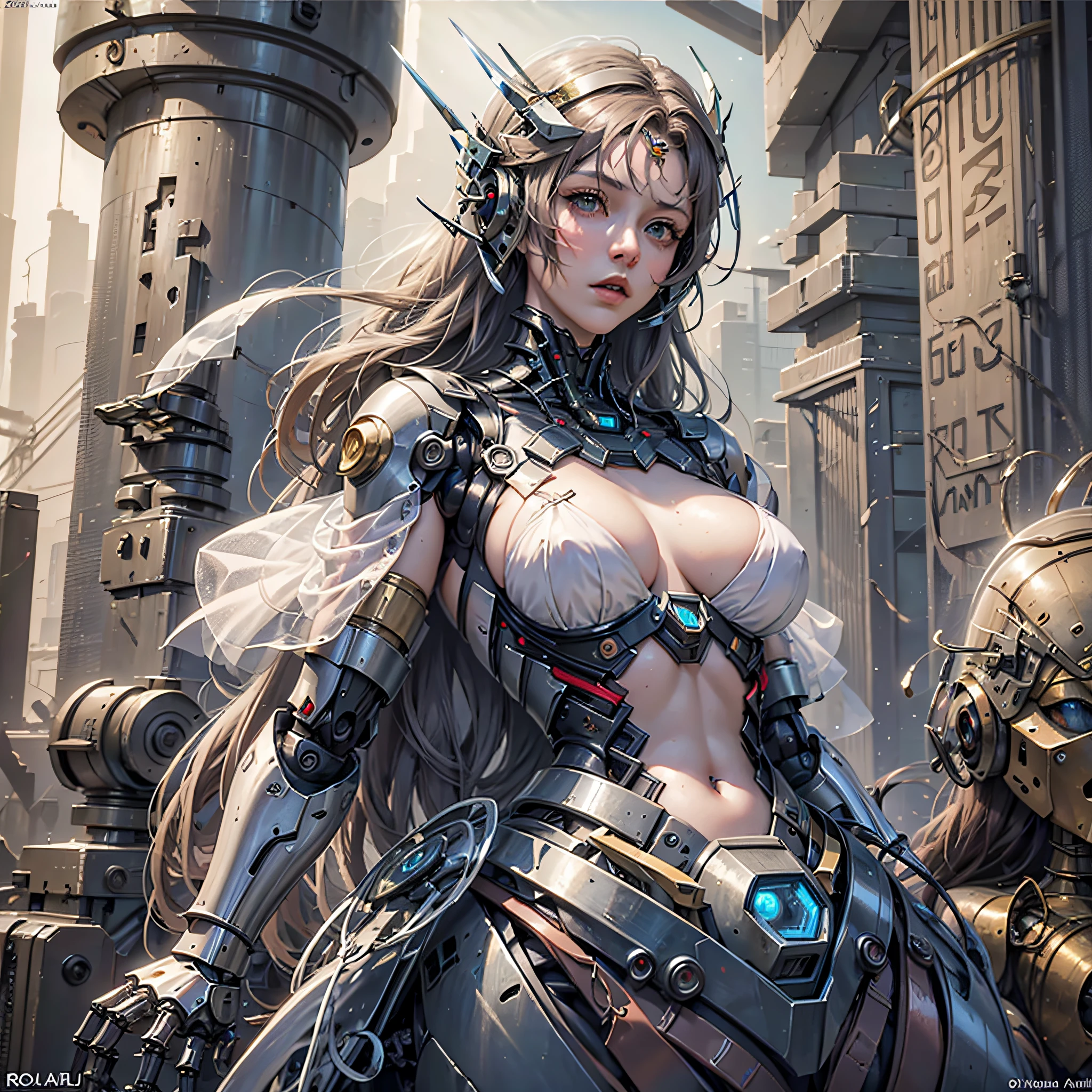 (masterpiece), (best quality), photorealism, realistic, ultra detailed, perfect face, perfect body, 1girl, beautiful girl, Greek goddess, Greek clothes,peplos, stand, sexy, robotic arm, mechanical