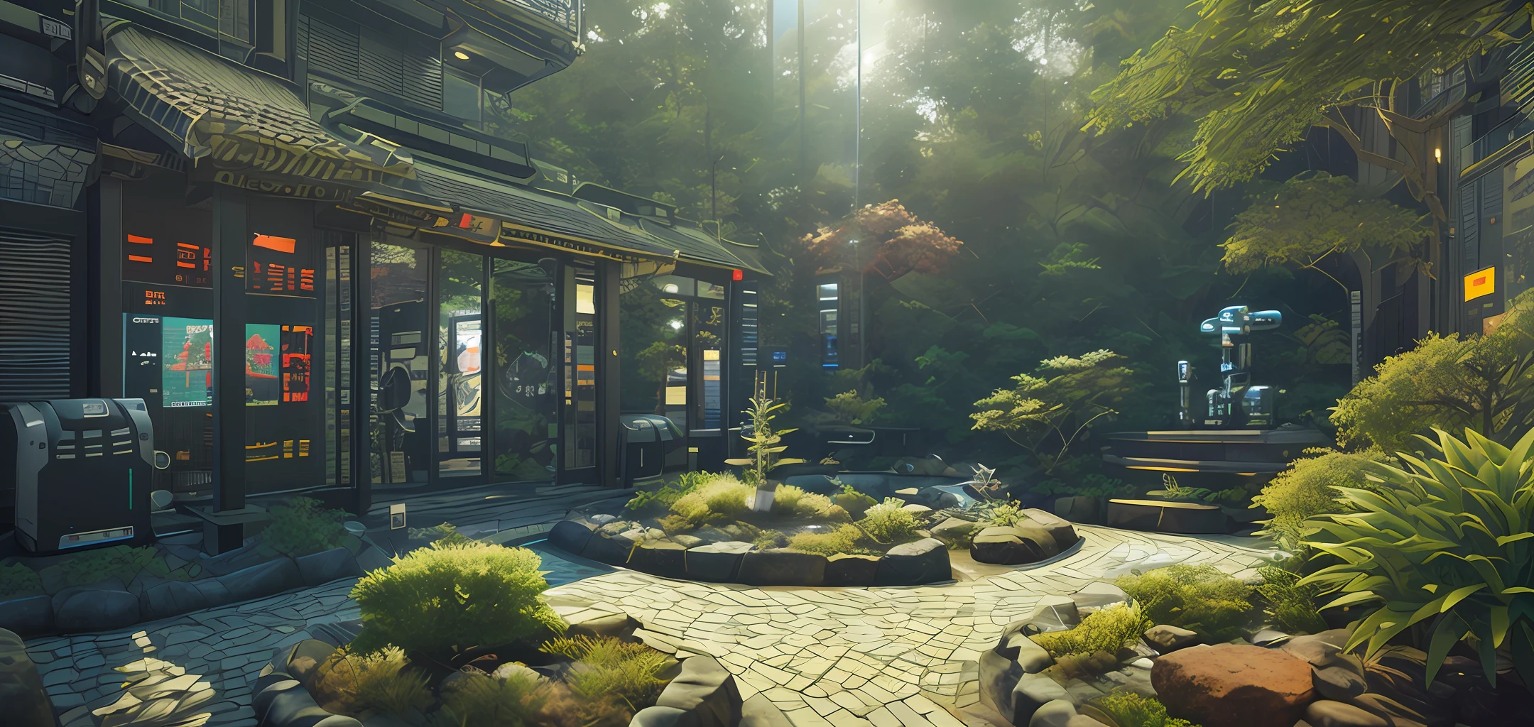 A yoga pilates venue, next to the mountain, there is a flow of water, and there is a sign at the entrance of the venue that reads: Susu Sports Aesthetics Hall