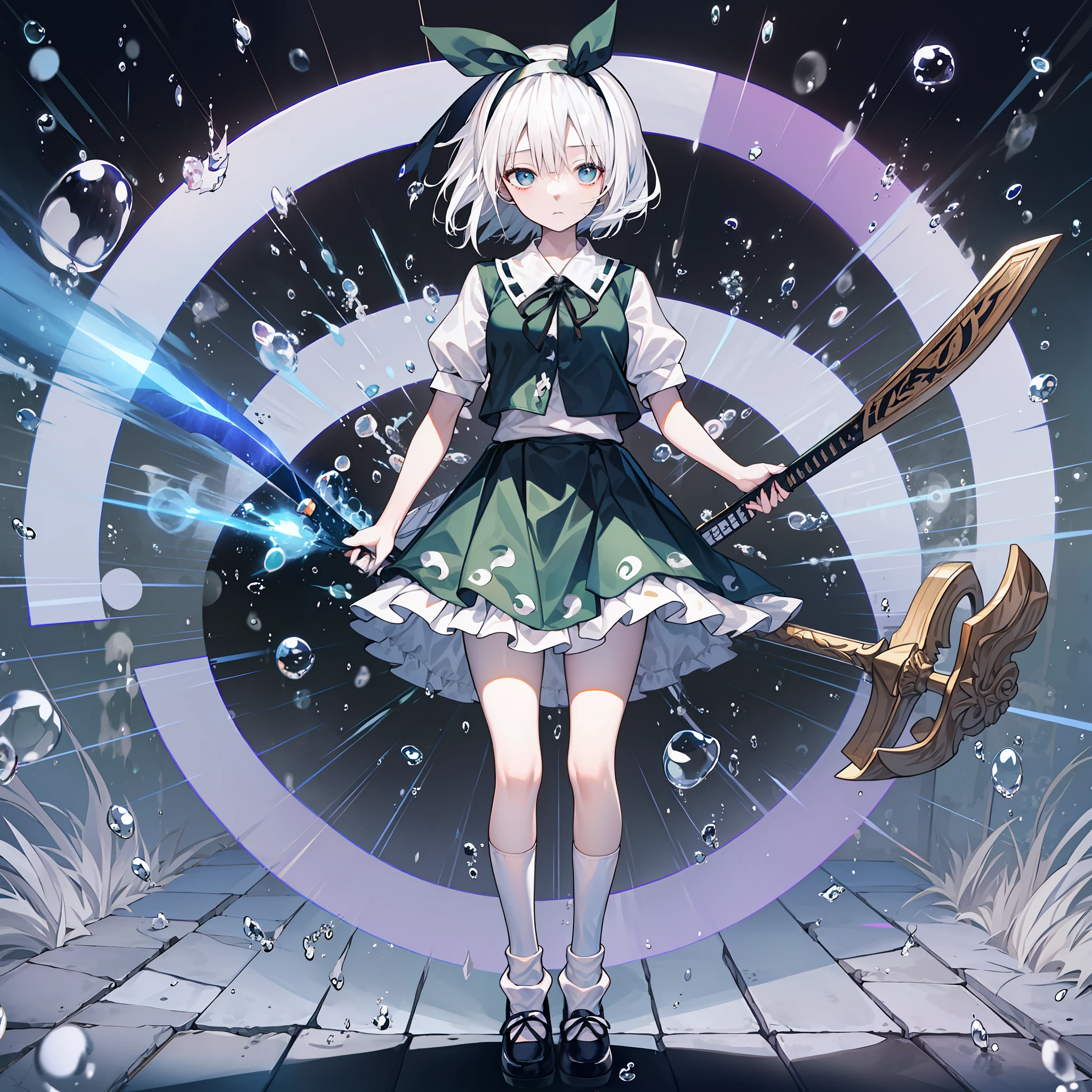(official art, unity 8k wallpaper, ultra detailed, best quality), flat color, (1girl:1.5), solo, (gloomy), (expressionless eyes:1.3), shojo, legs apart, bow, skirt, thighs, bloomers, holding, short hair, (white hair:2), (black hairband:1.5), bow hairband, looking at viewer, full body, solo focus, 1girl, solo, small breasts, Polka-dot skirt, blue eyes, loose socks, mary janes, absurdres, green skirt, Longsword, touhou project, Sister head, Natural stay, Court Master, (White bubble socks:1.5), from touhou, green clothes, Japanese swords, Short Sleeve, There is a white clump of ghosts behind him, drop shadow, High quality, (best quality:1.1), highres,youmu