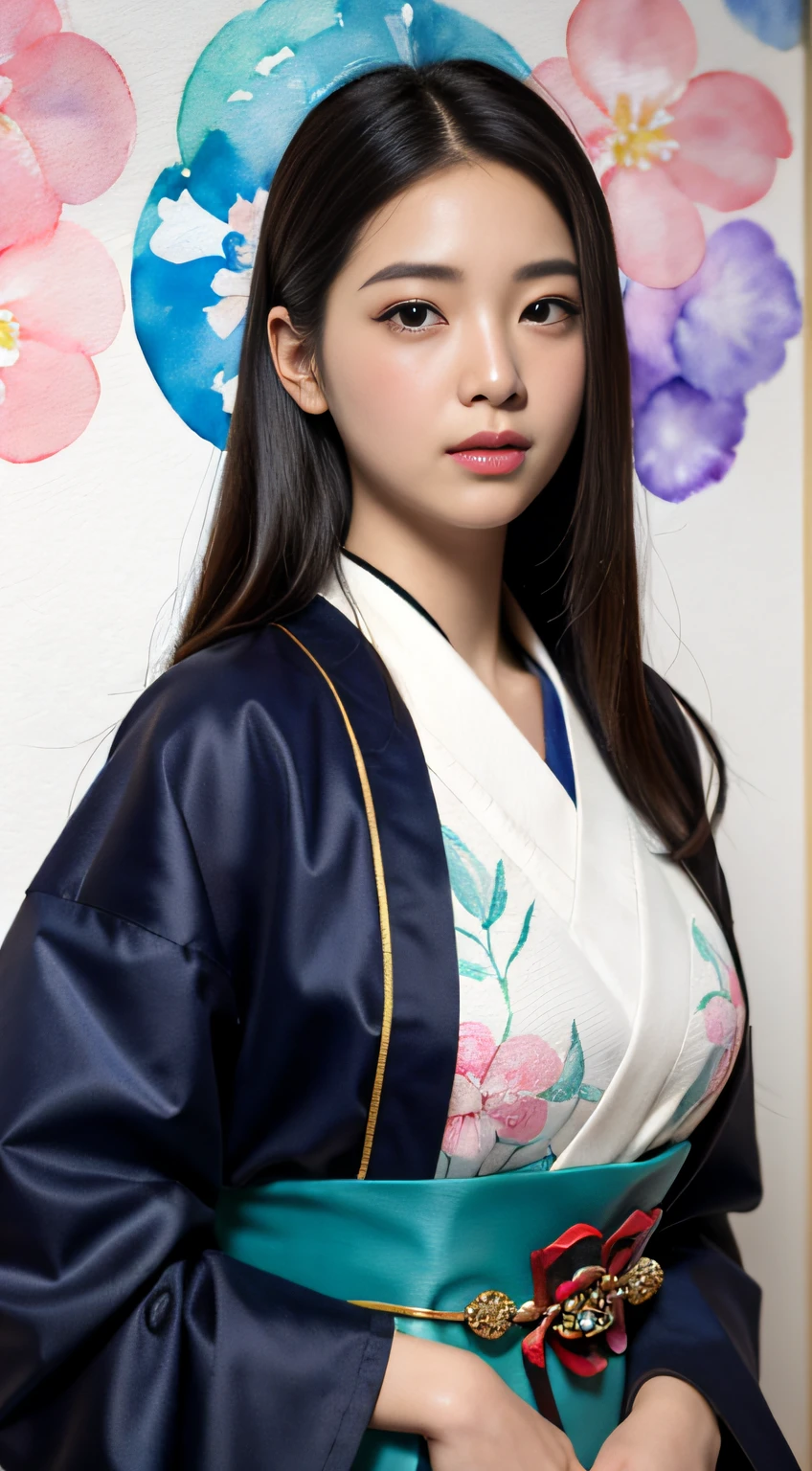 (masterpiece:1.2, best quality), (very detailed face, real picture, realistic skin, realistic body, intricate details), solo, 1milf, casual,ukiyo-e, (Watercolor:1.3), Oiran,girl,midjourney portrait,汉服