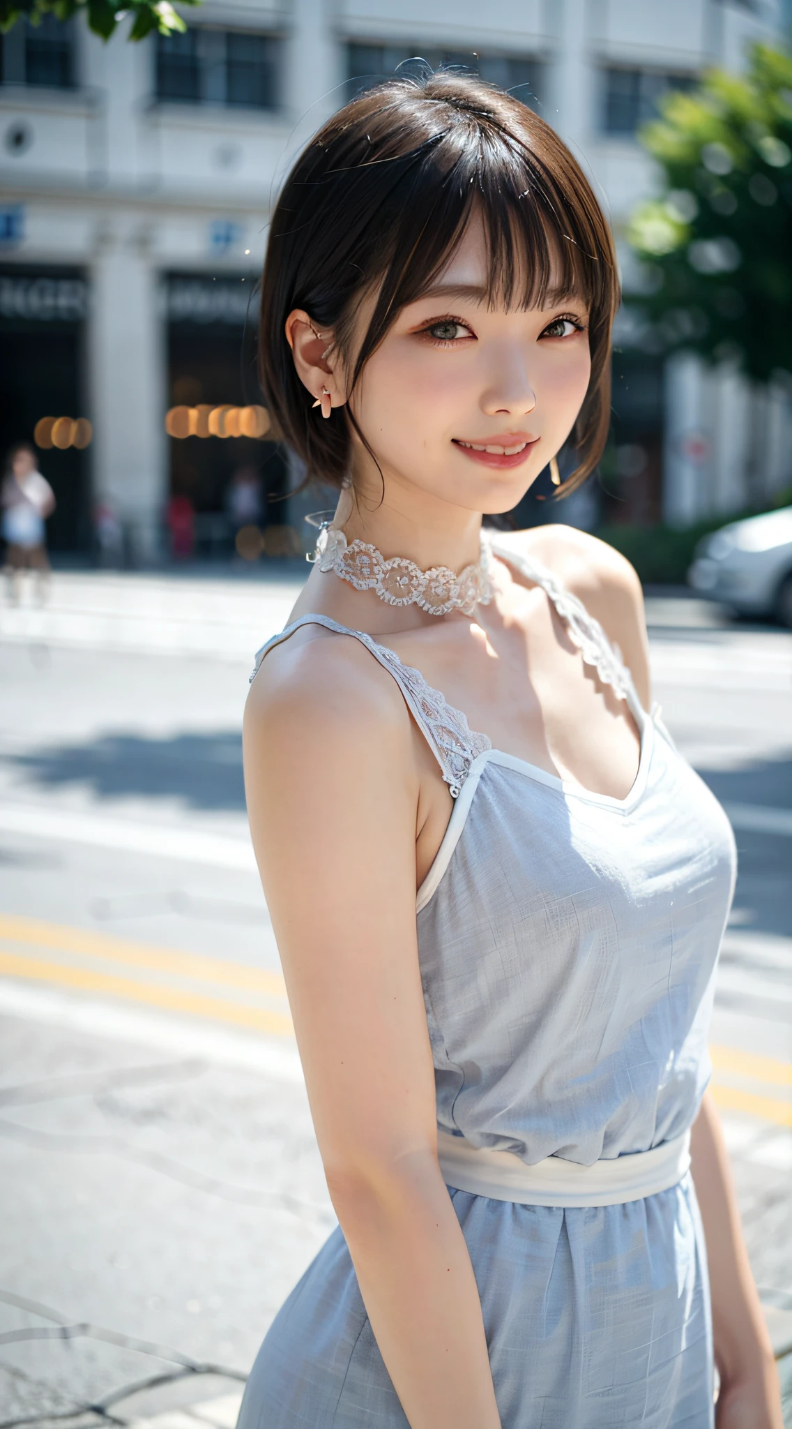 Woman posing on street corner wearing sheer lace dress, top quality, girl one, big breasts, sun, bright, blurred background, bokeh, outdoor, (street: 0.8), (people, crowd: 1), (cropped with lace) dress: 1.5, sleeveless dress, full body, light grey color clothes, light gray color high neck dress: 1.2, light gray color dress: 1.5), gorgeous ( Short hair, forehead: 1.2), sagging eyes, sky with beautiful details, earrings, (upper body: 0.8), soft lighting, wind, shiny skin, smile