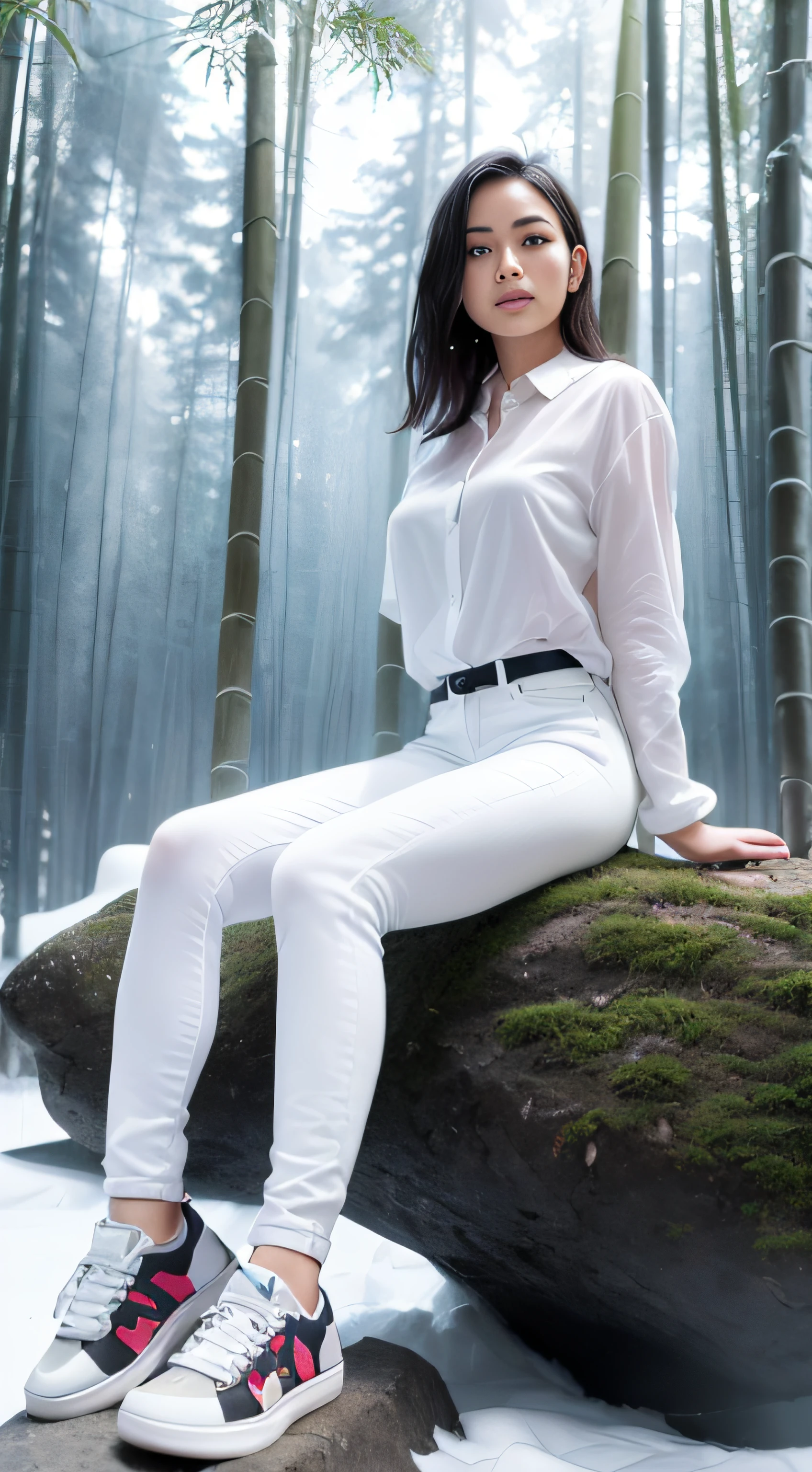 High-definition, realistic, a long-legged woman wearing a soaked white shirt, blue skinny jeans and sneakers sits on a large rock in the middle of a bamboo forest in winter, surrounded by snow, and her hands are not visible.