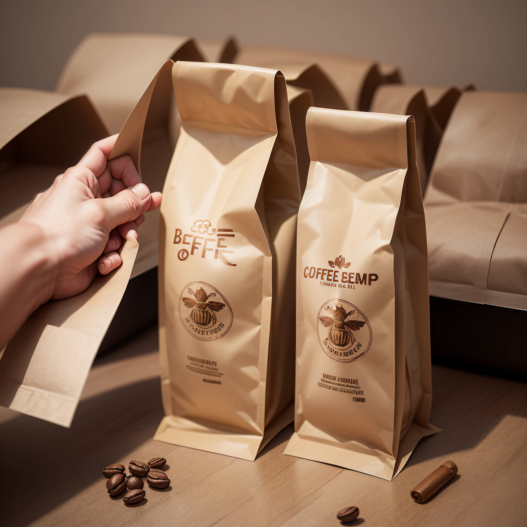 Design a coffee bean packaging bag, highlight the coffee elements, kraft paper background, fusion red elements, LOGO is little bee --auto