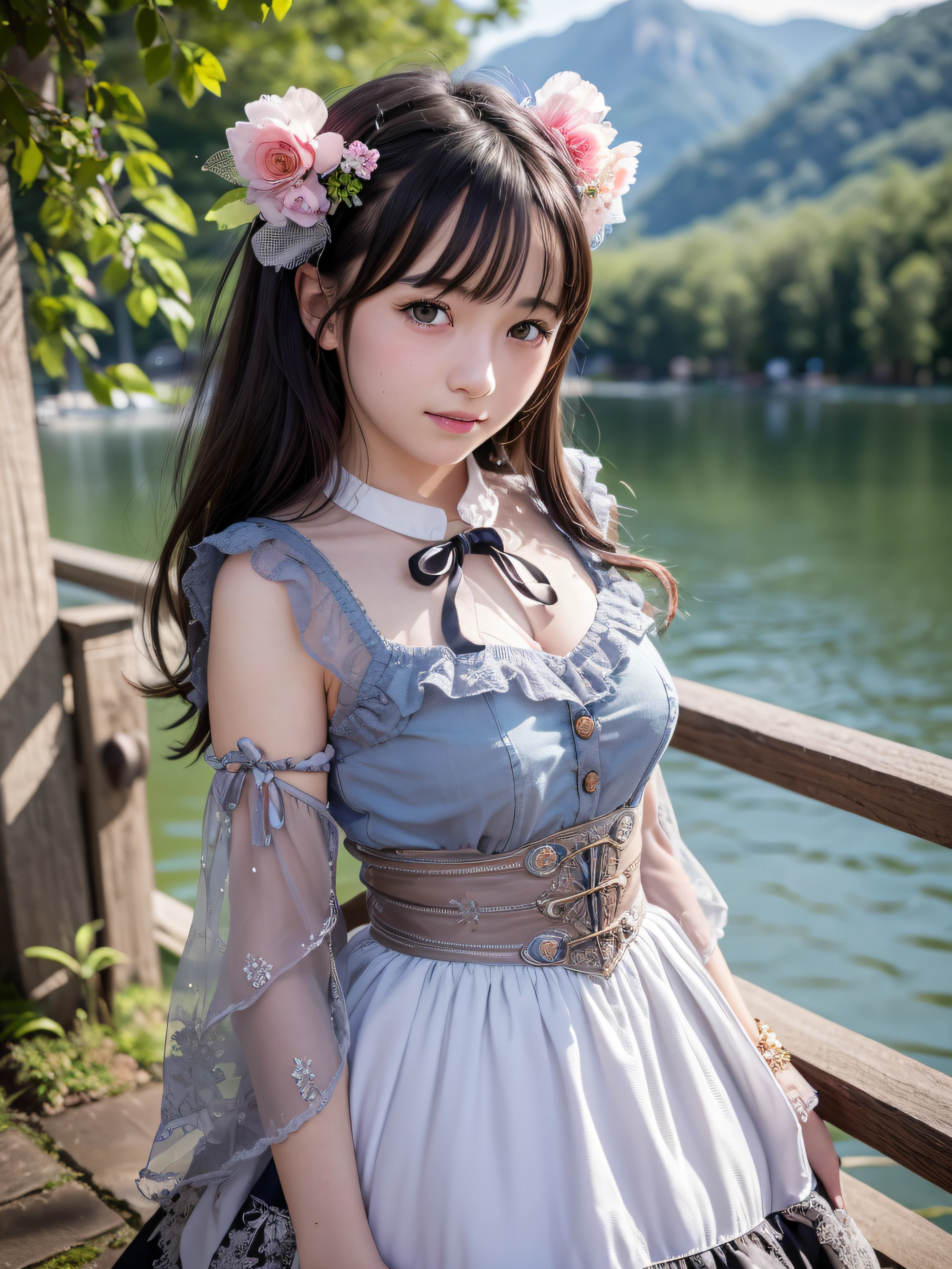 (realistic, photo-realistic:1.37), incredibly absurdres, (insanely detailed:1.3), 8k, (masterpiece), (best quality:1.4), (ultra high res:1.2), (RAW photo:1.2), ultra detailed background, (unity 8k wallpaper), 1 nogizaka girl, utterly cute, (((bishojo:1.4))), (((15yo:1.35))), (chiemsee tracht), an exquisitely detailed and beautiful face and eyes and skin, detailed black shine hair, small-medium breasts, a chiemsee tracht with delicate and beautiful soft fabric, smile at the camera, cowboy shot, the view from lake geneva, professional lighting