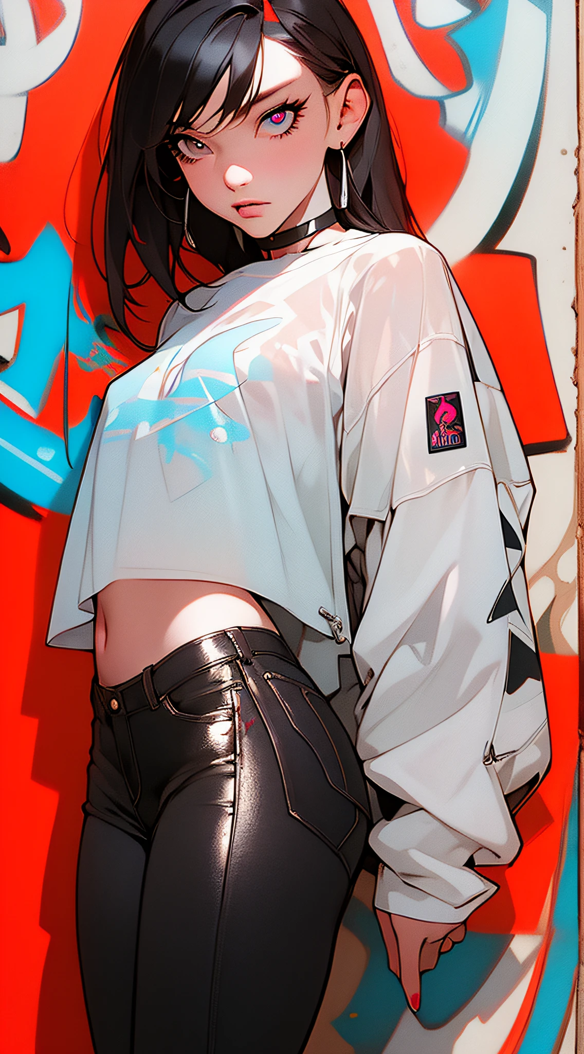 (masterpiece, best quality:1.4), official art, absurdres, vivid colors, contrast, girl, teen, beautiful eyes, tight crop top, tight pants, choker, (splash ink, graffiti on wall:1.2), navel, slender, standing, from below, cowboy shot, small waist, thick thighs, (arch back, perky butt:0.6), small head, HDR, sharp focus, dynamic lighting, cinematic lighting, dramatic shadow, highres, ultra detailed, finely detail, extremely detailed, detailed eyes and face, sharp pupils, realistic pupils, simple background