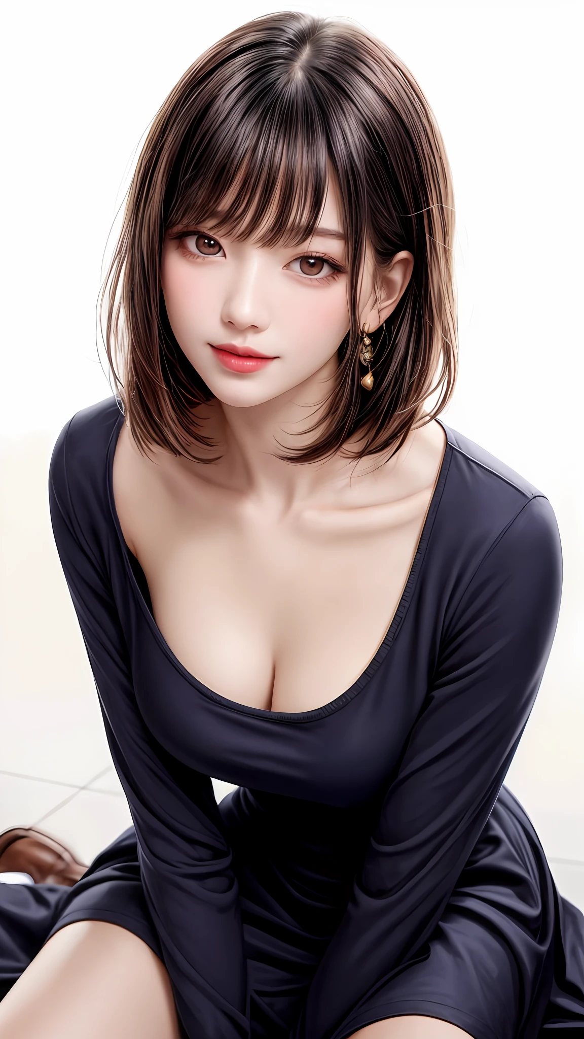 Pee (incontinence: 1.47), fashion trendy beautiful and attractive woman, gentle and attractive Chinese beautiful woman, Korean (kpop idol), delicate and sexy collarbone, attractive oval face, double eyelids, smart [peach] flower eyes, pink lips, small nose, bare shoulders, focus on face, [[face close-up], ultra high definition, super detail, White off-shoulder lace shirt, (((white lace panties), fresh and impressive, natural (large: 1.25), (kneel on the ground), (legs wide open), (legs spread), (from a low angle), (upright 1.5), (shiny skin: 1.4), (low angle)), perfect figure, areola, cleavage, armpit wrinkles, (floor urine)), (NSFW: 1.05), ( Showpiece, top quality, high precision)), one girl, (big, photorealistic: 1.4), (slightly above the camera, looking up at the camera, looking up, looking up at the camera, staring at the camera))), solo, solo, white background, snow-white background, mouth closed, happy smile, pretty black hair, short hair, big eyes, pronounced double eyelids, eyelashes, ears out, long neck, long neck, Absolute area, ((close-up of face, short hair with bangs)), 19 years old, attractive proportions, shiny skin, clean collarbone, golden ratio face, perfect face, teardrop mole, chest mole, bangs, clean bangs, beautiful bangs, lip gloss, thin lips, white skin, undressed, big breasts, small face, staring at the camera a little upwards, ((smiling a little at the camera, really nothing pure white background, very big, big big, big breasts)), ((((uniform, shirt))))