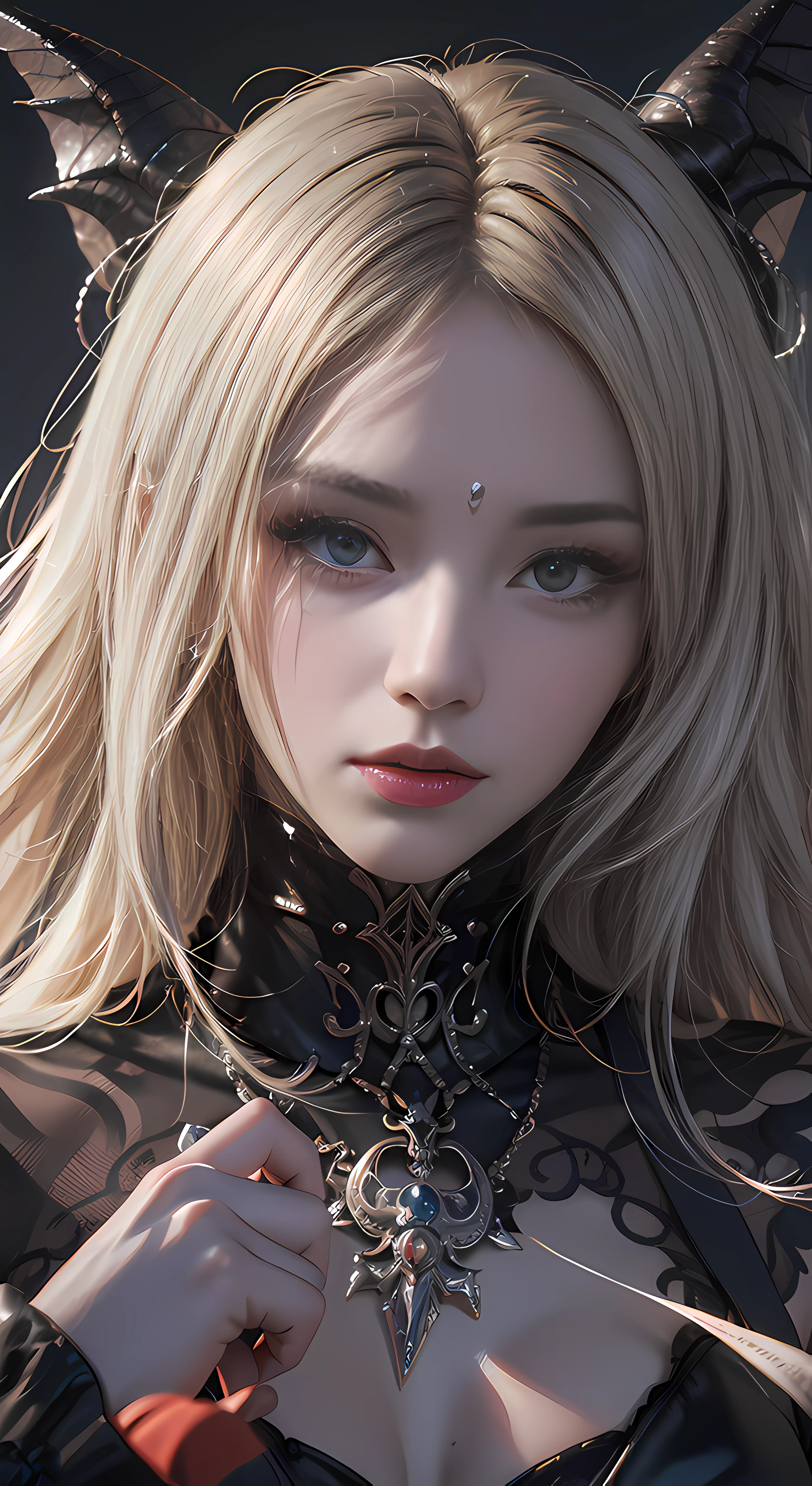 blond haired woman with horns and a black dress posing for a picture, detailed digital anime art, 8k portrait render, hyperdetailed fantasy character, 8k high quality detailed art, 3 d render character art 8 k, photorealistic anime girl render, smooth anime cg art, detailed portrait of anime girl, fanart best artstation, cgsociety portrait, wlop glossy skin