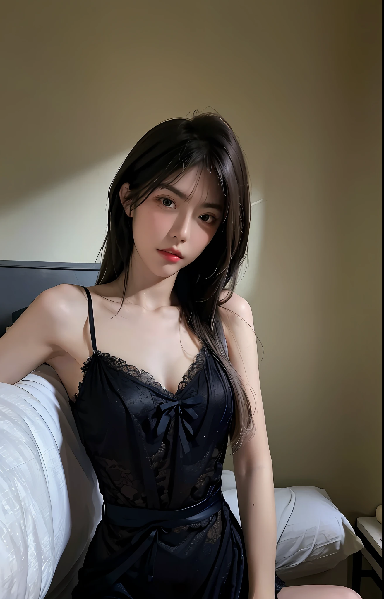 Best quality, masterpiece, ultra high res, (photorealistic:1.4), raw photo, 1girl, ((black lace nightgown)), ((small breast)), cold light