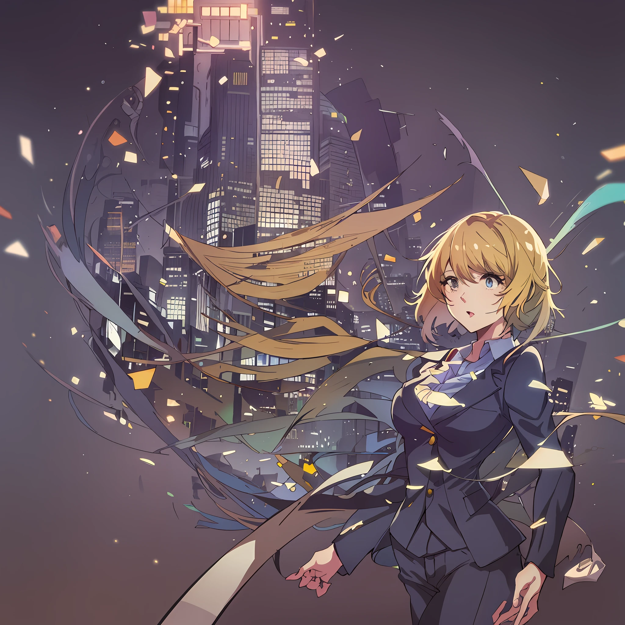 by Alice Pasquini and alena aenami, business woman, litle breasts, short blonde hair pompadour hairstyle, all black male suit, urban light, night city, upper body (Highest Quality, Amazing Details:1.4), Masterpiece, Sharp Focus