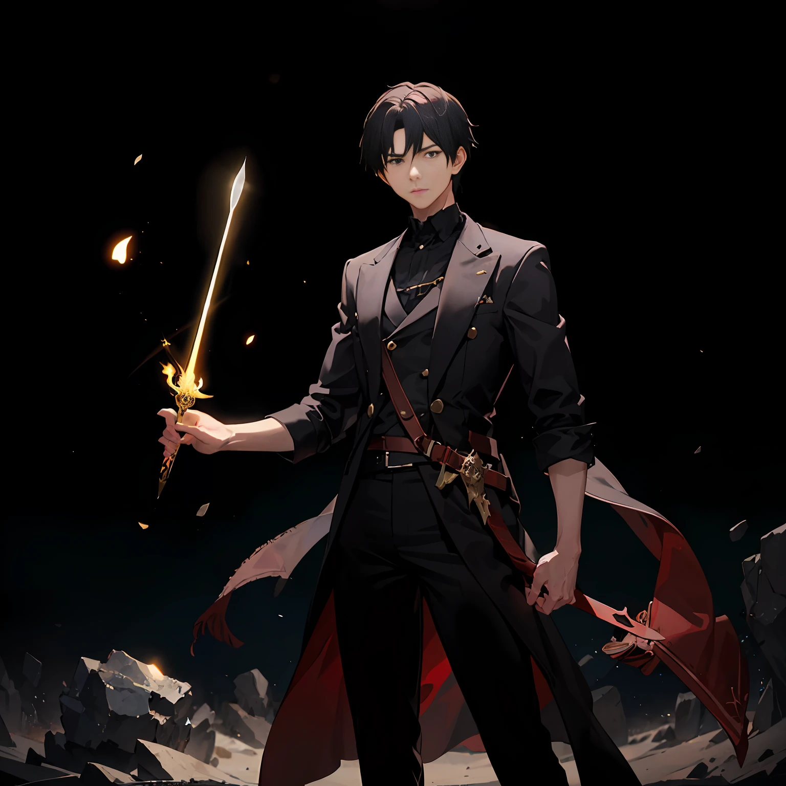 A young handsome man clutched a sword shining with red light, surrounded by a pitch-black void, while his body gradually disappeared into the light. Presented in the style of Makoto Shinkai.