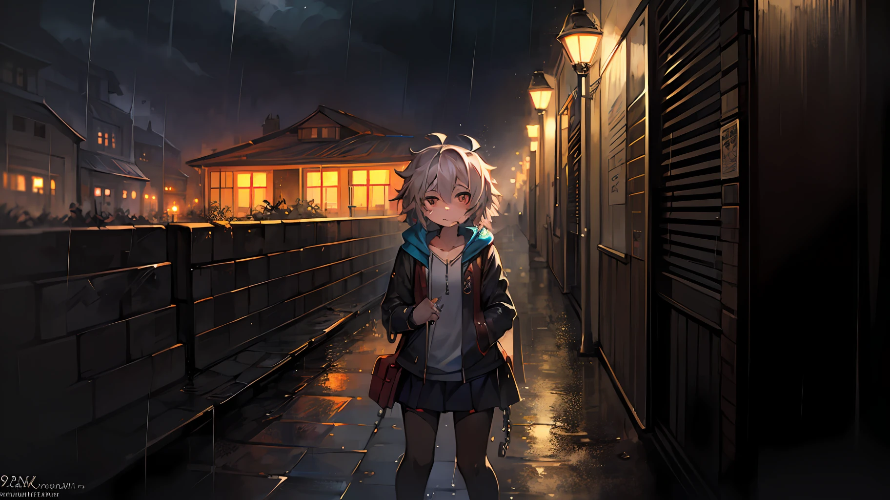 1girl, jacket, rain, outdoor, hoodie, open jacket, chain, backpack, looking at another, messy hair, trending on artstation, 8k resolution, highly detailed, anatomically correct, sharp image, digital painting, concept art, trending on pixiv, style of makoto shinkai,