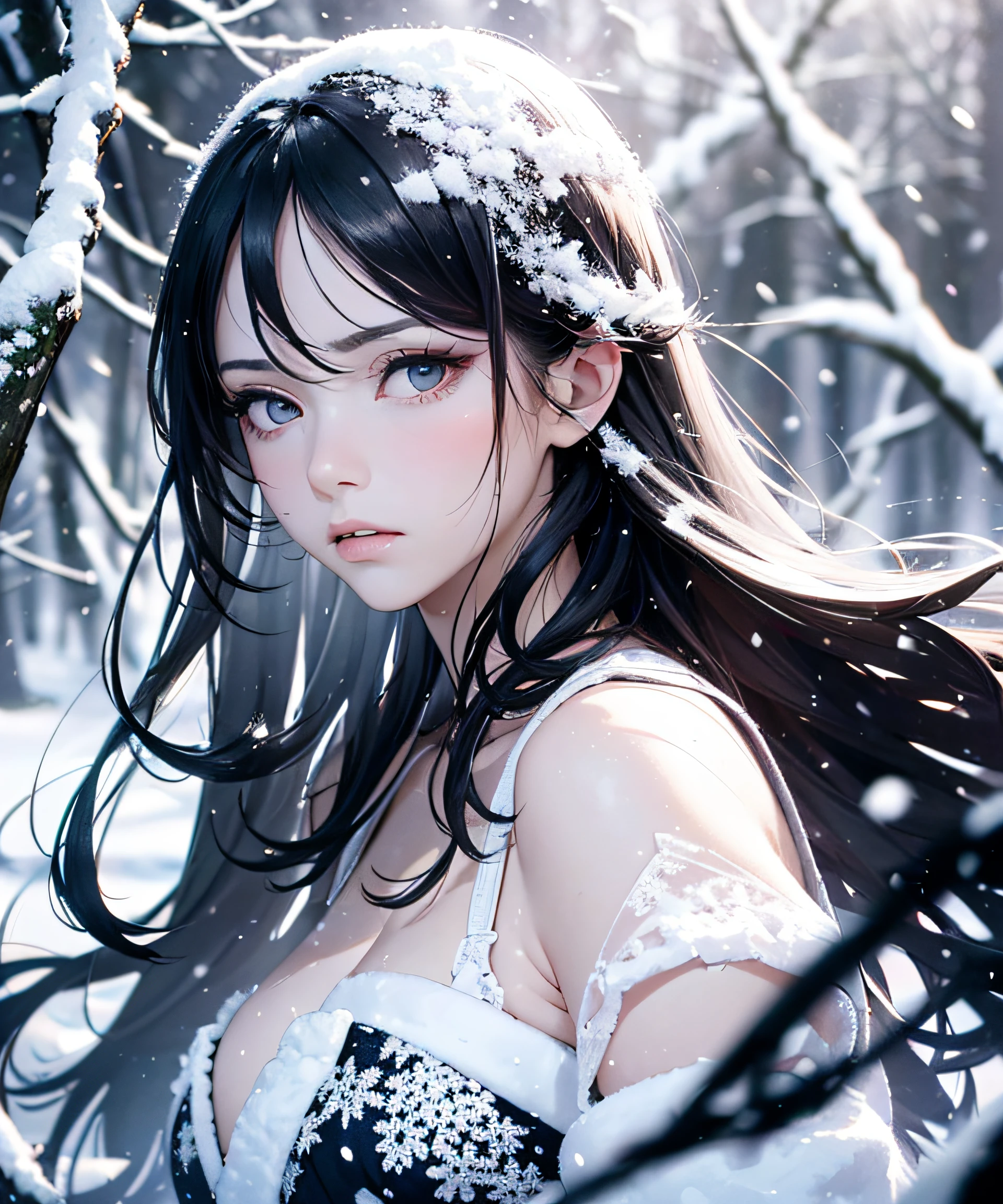 Top Quality, Realistic, Jet Black Background, High Resolution, Soft Focus, (Snowfall: 1.5), (Haze: 1.5), (In the Deep Forest), (Falling Snow), ((Snow Light)), (Blowing Snow)), (Snow Storm))))), (Ghost of a beautiful snow woman with jet-black long hair in a white silver yukata: 1.8), (((Lower body fades out: 1.5)))), Anger, Fury, Melancholy, (Shaking black hair), Lustrous, Radiant Skin, Beautiful and Beautiful, ((Lose herself in anger and forget the cold)), ((Arms spread forward)), (Monochrome: 1.5), (Black and White: 1.5), (Platinum eyes glaring at her), Whiteout, White and white and white, Lower body fades out, Lower half fades out
