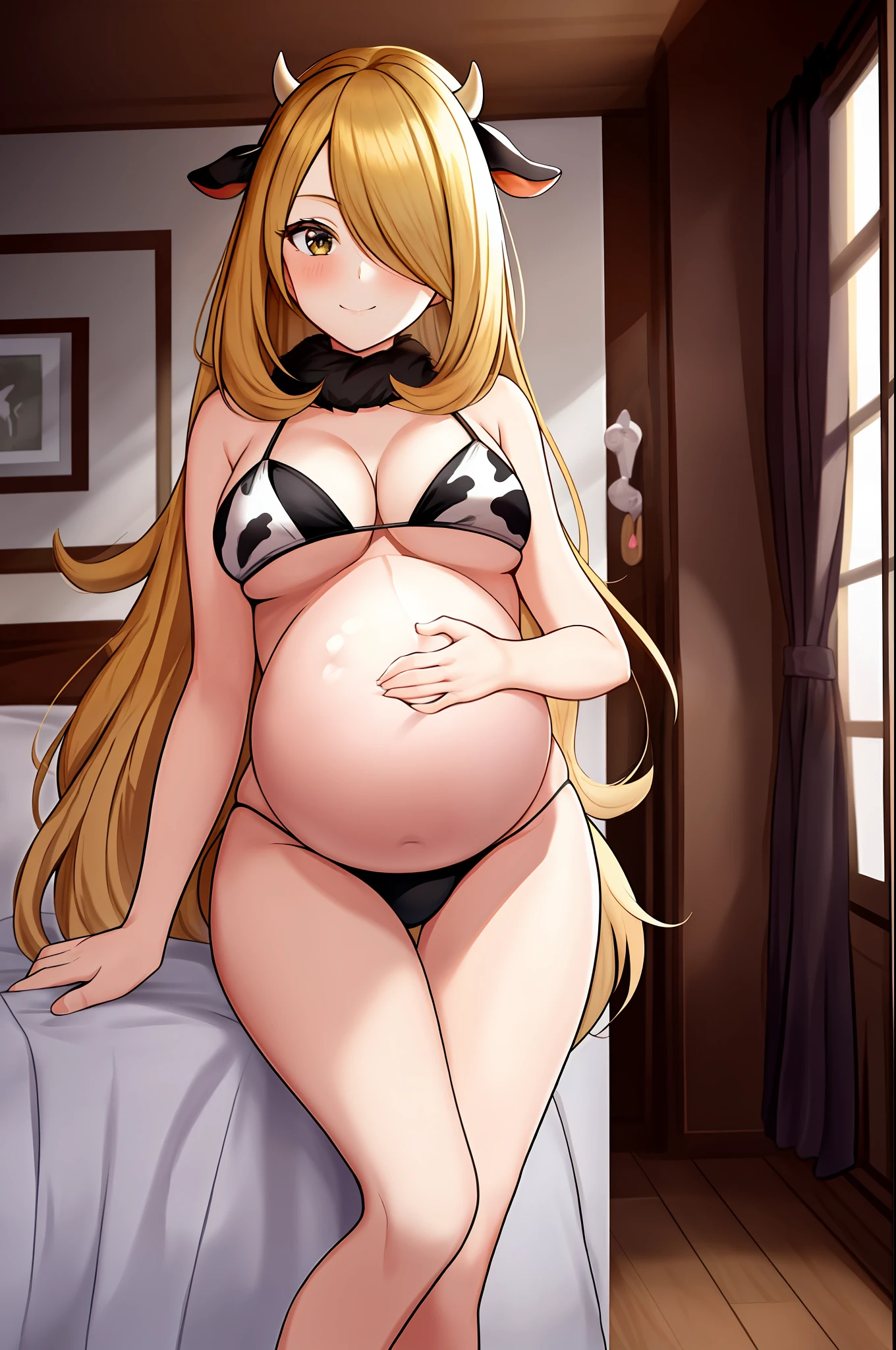 Cynthia, bikini, masterpiece:1.2, solo, 1girl, smile, hair_over_one_eye, medium_breasts, full body, standing, animal print clothes, animal print bikini, cow print bikini, in jn bedroom, blush, pregnant, obvious pregnancy, sitting, ground level view, looking at the viewer.