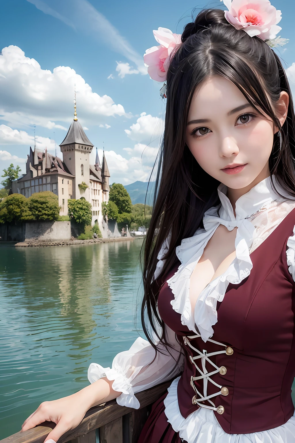 (realistic, photo-realistic:1.37), incredibly absurdres, (insanely detailed:1.3), 8k, (masterpiece), (best quality:1.4), (ultra high res:1.2), (RAW photo:1.2), ultra detailed background, (unity 8k wallpaper), 1 nogizaka girl, utterly cute, (((bishojo:1.35))), (((15yo:1.4))), (chiemsee tracht), an exquisitely detailed and beautiful face and eyes and skin, detailed black shine hair, small-medium breasts, a chiemsee tracht with delicate and beautiful soft fabric, smile at the camera, cowboy shot, lake geneva landscape of chillon castle, professional lighting