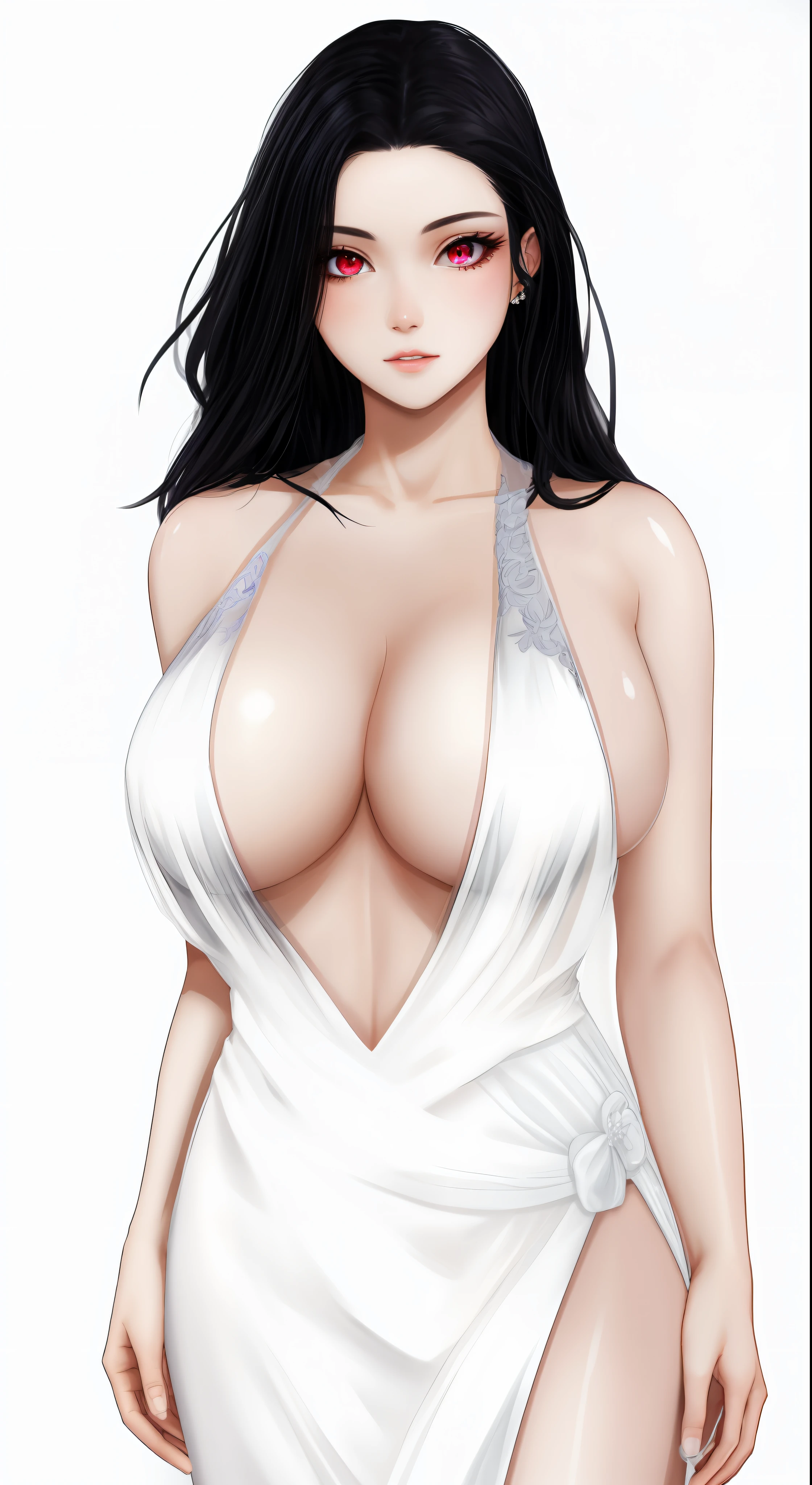 sexy,translucent white dress, cleavage, red eyes, black hair, long hair, pale skin, high quality, detailed face, detailed eyes, perfect body, perfect hands,, big breasts