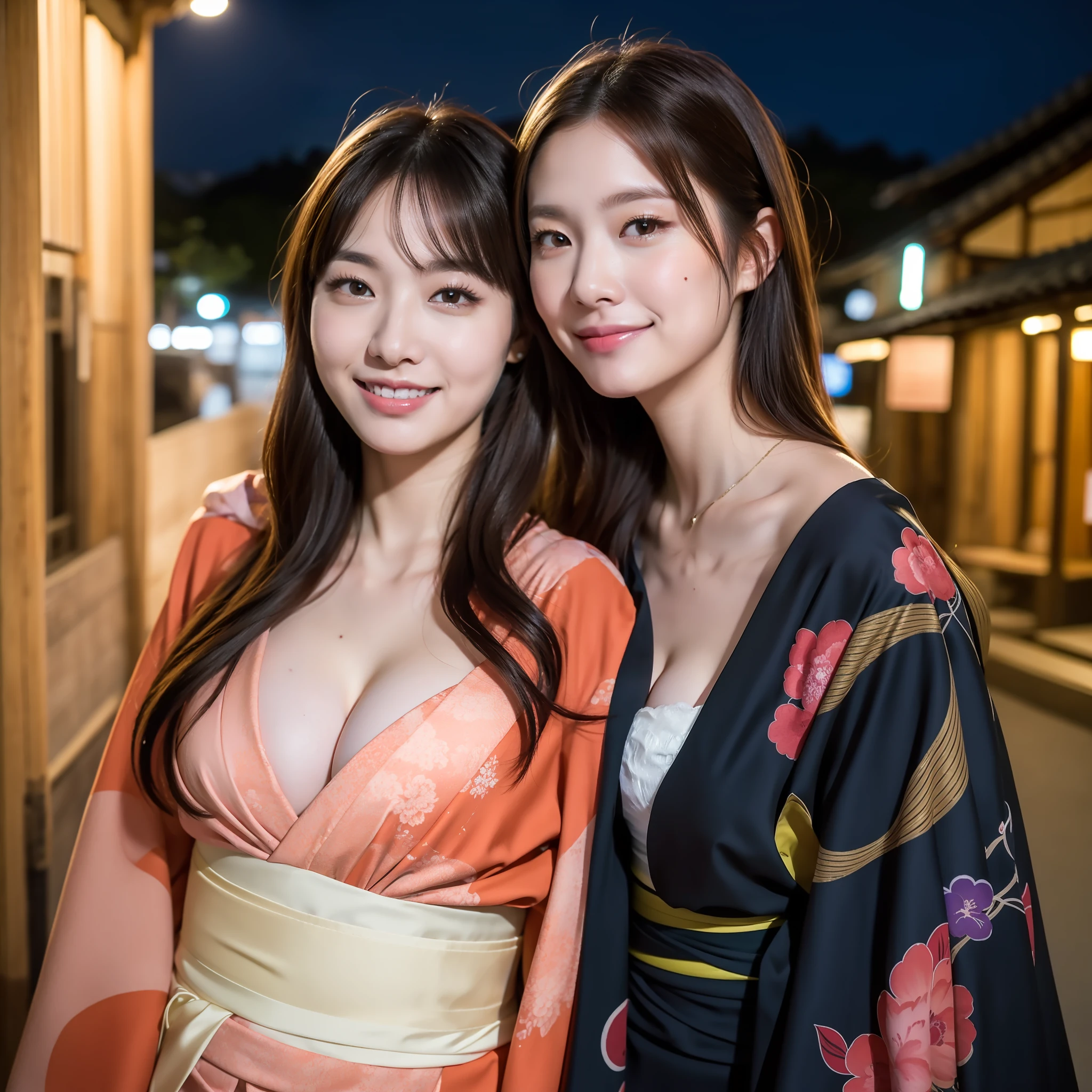 ((Best Masterpiece)), ((High Quality)), ((Real)), ((8k)) super beautiful, cute, kimono, kyoto, Japan persons, 24 years old, 2 women, slender, chest open, cleavage, sony slr photography, 1 long hair, 1 bob hair, looking at camera, kyoto, cityscape,smile, night, background realistic, photo,moles under eyes, moles at mouth