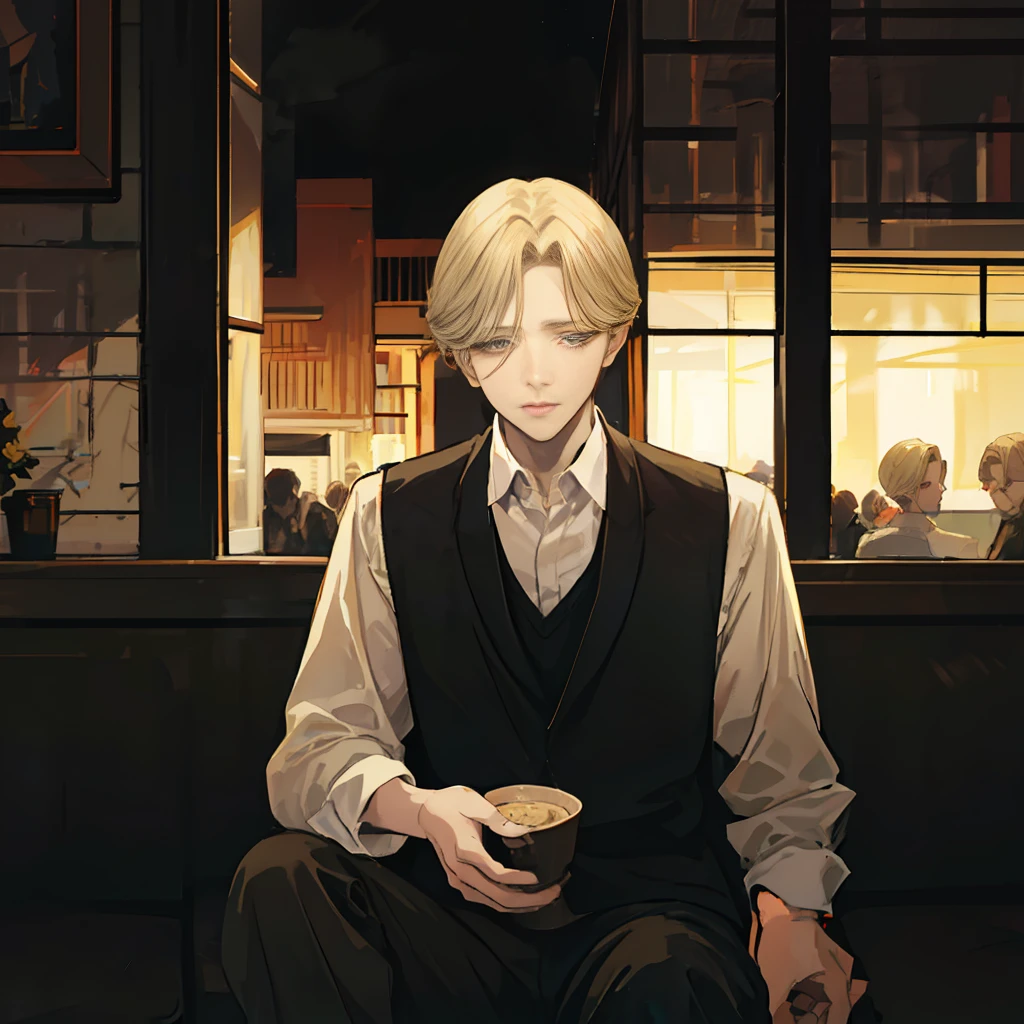 photo of a cool boy ,face of Johan Liebert ,highlighted blonde hair , detailed brown eyes ,skin pores,skin texture, sitting outside of restaurant,dark, night view , manipulator personality,cool poses