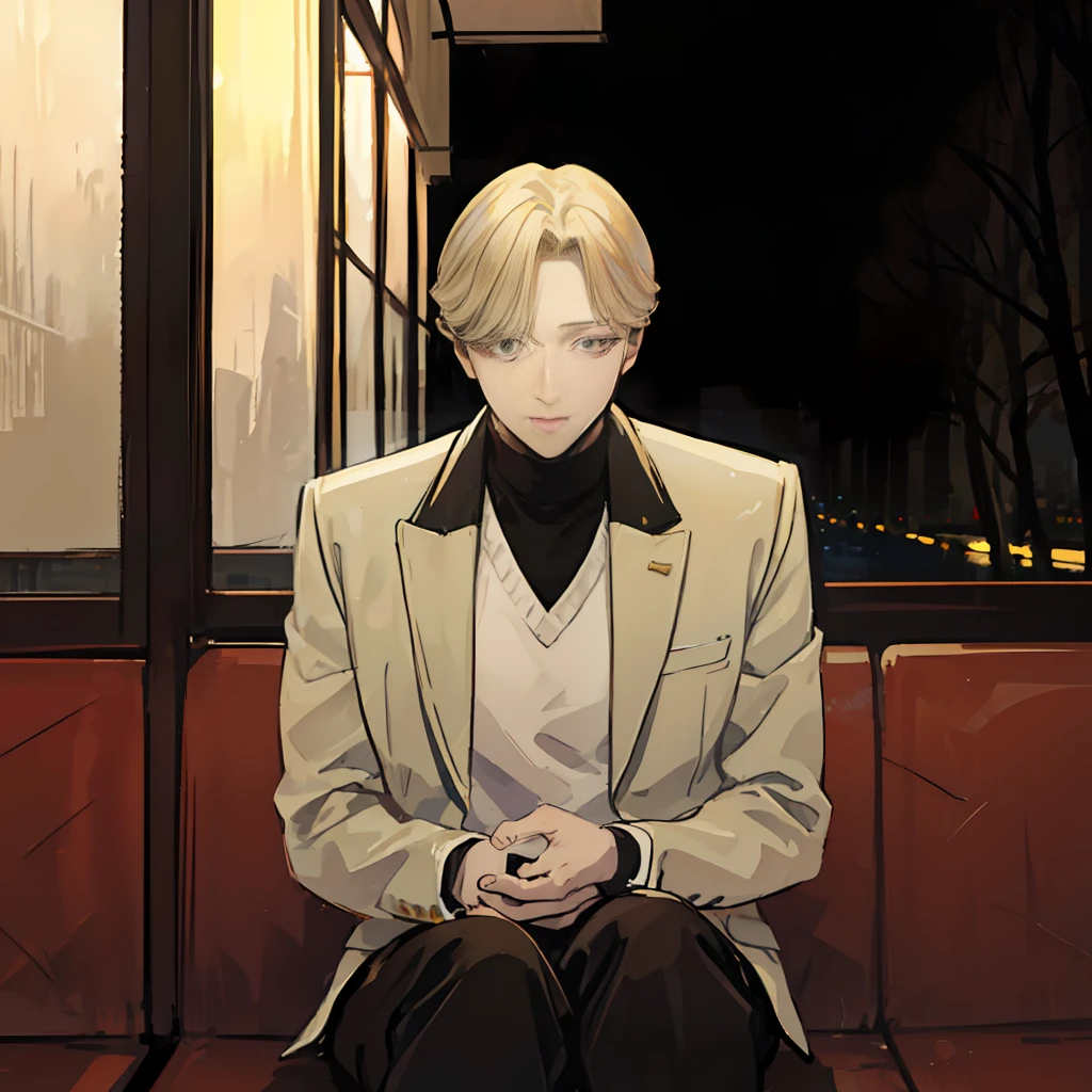 photo of a cool boy ,face of Johan Liebert ,highlighted blonde hair , detailed brown eyes ,skin pores,skin texture, sitting outside of restaurant,dark, night view , manipulator personality,cool poses