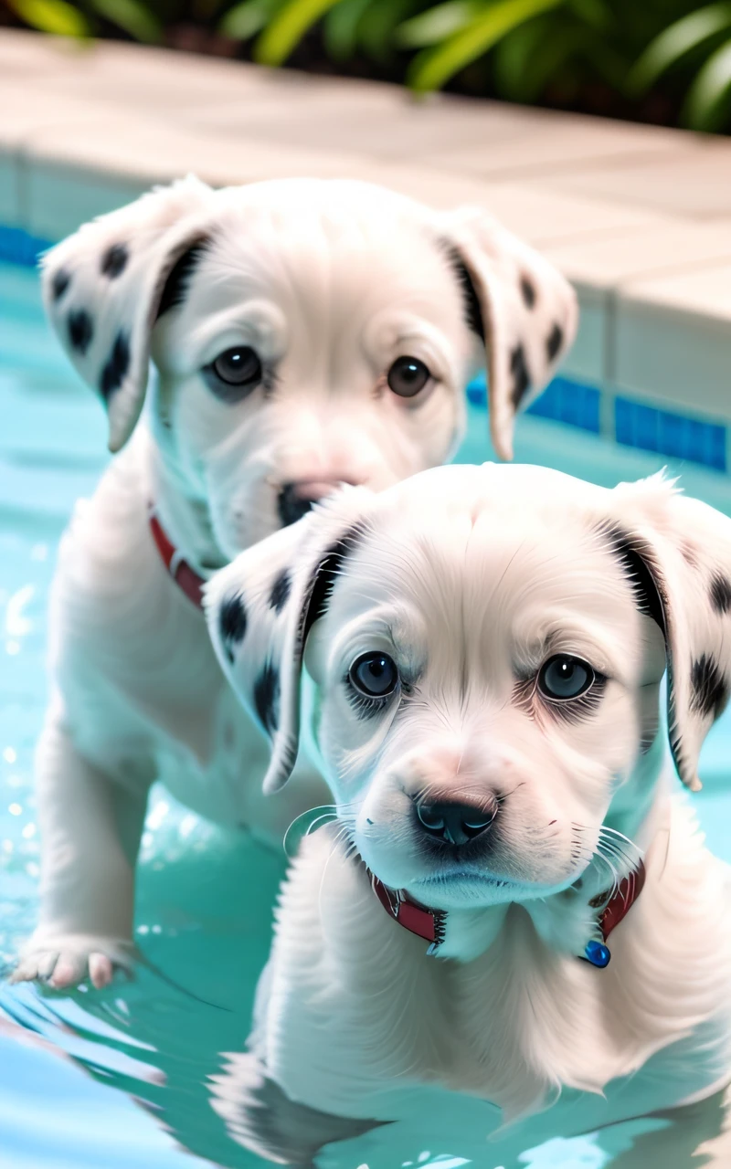 hyper Quality,Cute two Dalmatian puppies,different body colors,swimming in the pool,black eyes,barking,narrow eyes,smile,eos r3 28mm --auto