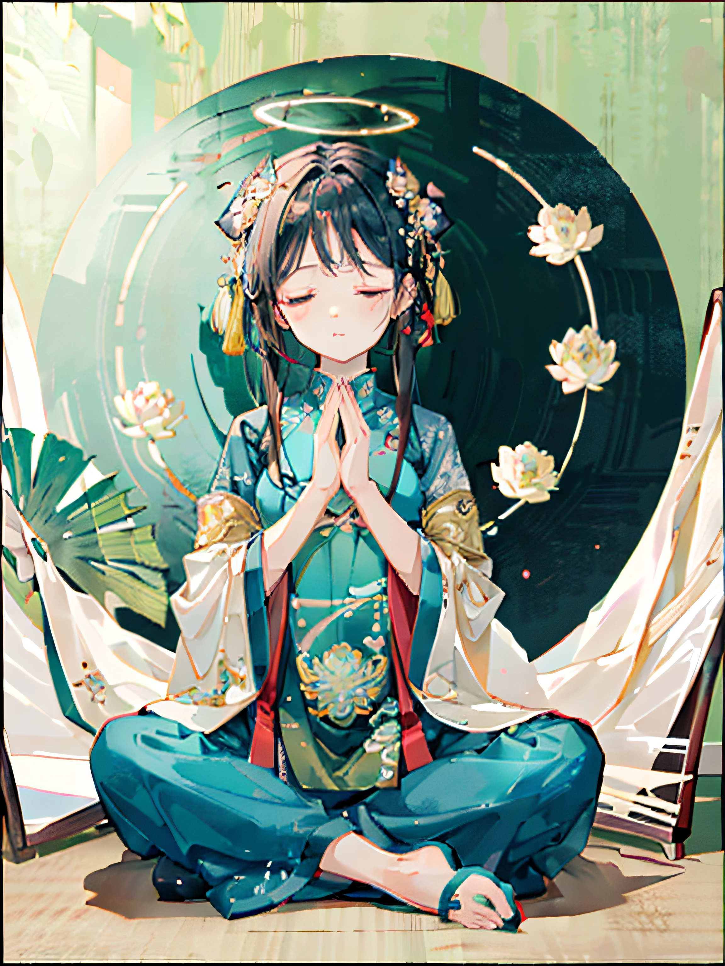 best quality, official art, beautiful and aesthetic:1.2), extreme detailed, a girl, 3 , Put her hands together, praying,  head down, Sit crosslegged, Meditate with your eyes closed, a lotus, dressed in chinese clothes, the painting style refers to qi baishi, xu beihong, God rays, Halo, Rim light, frontal forward, symmetrical composition, tang dynasty, charming characters, cute and dreamy