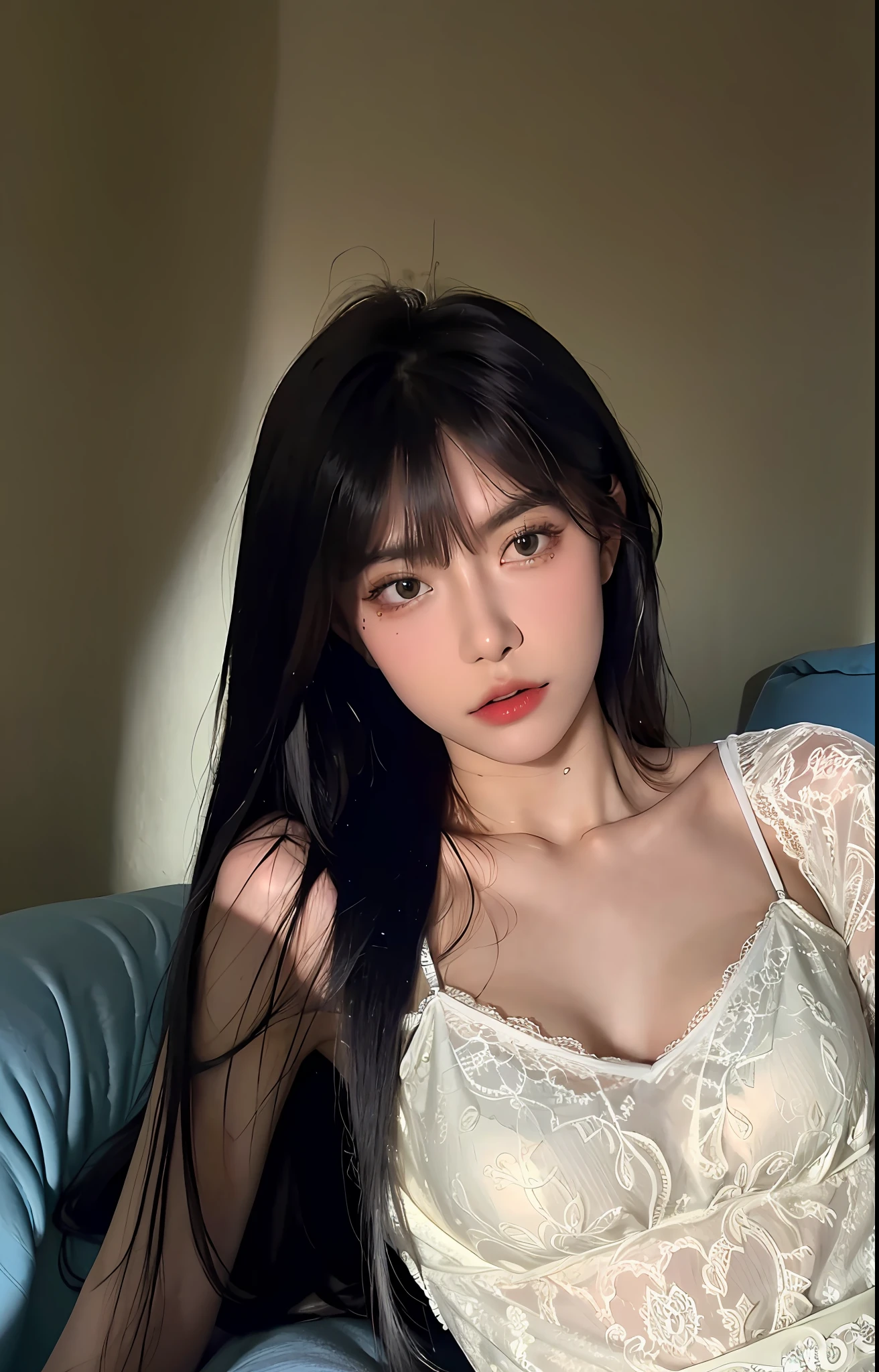 Best quality, masterpiece, ultra high res, (photorealistic:1.4), raw photo, 1girl, ((black lace nightgown)), ((small breast)), cold light