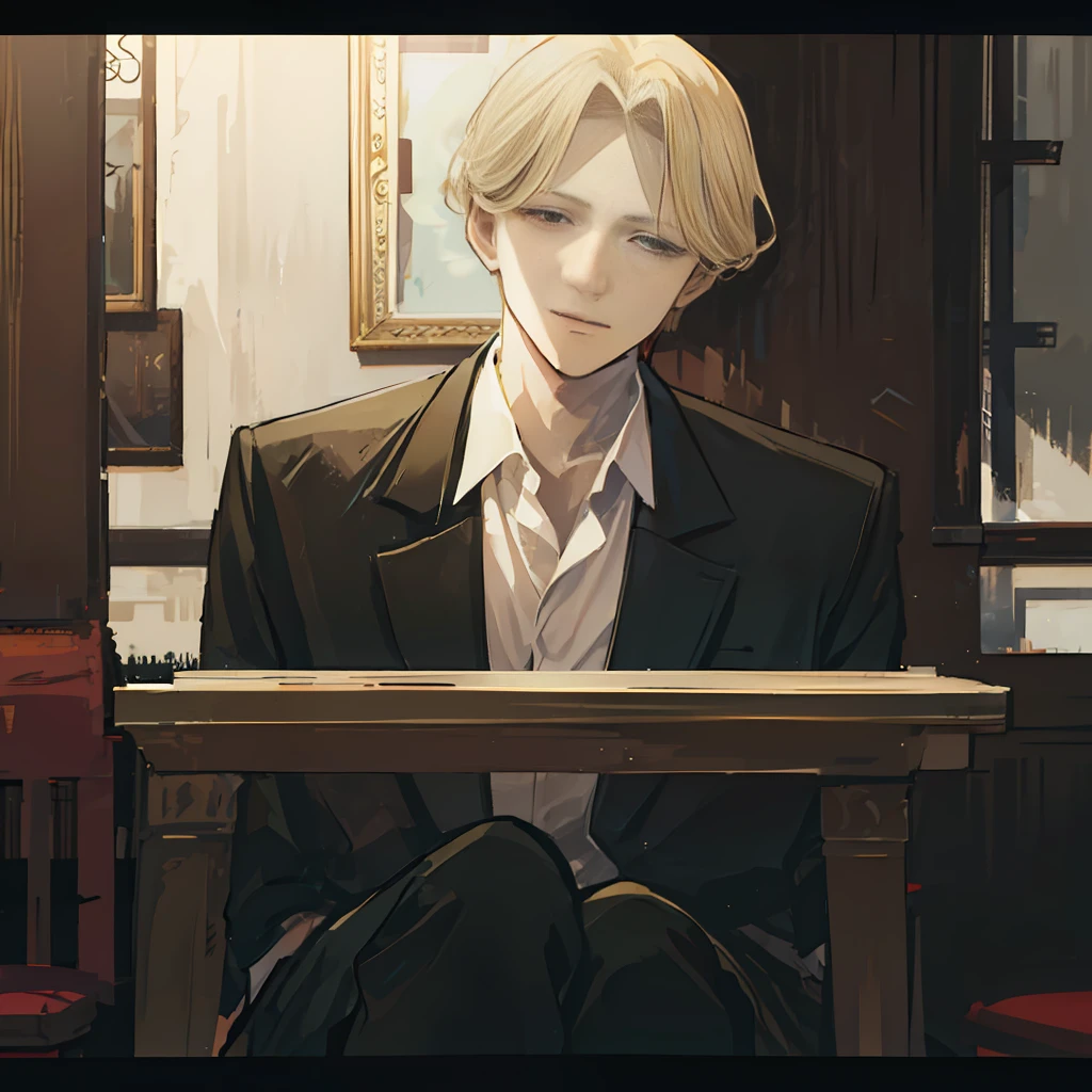 photo of a cool boy ,face of Johan Liebert ,highlighted blonde hair , detailed brown eyes ,skin pores,skin texture, sitting outside of restaurant,dark, night view , manipulator personality,cool poses