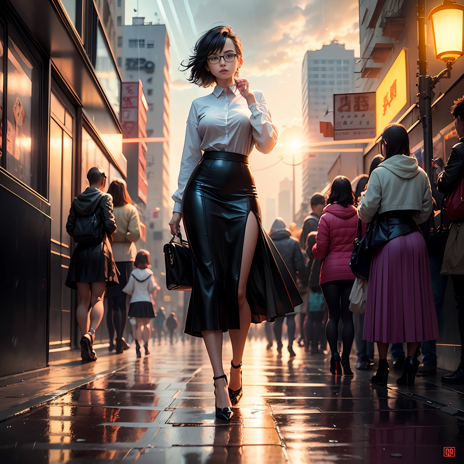 ray tracing,best quality,masterpiece,highres,extremely detailed,an extremely delicate and beautiful,intricate detail,cyberpunk,city,kowloon,rain,Bustling city,photo(medium),lens flare,realistic,bangs,black_hair,facing viewer,standing,summer long skirt,pantyhose,High heeled gift shoes,glasses,medium_breasts,