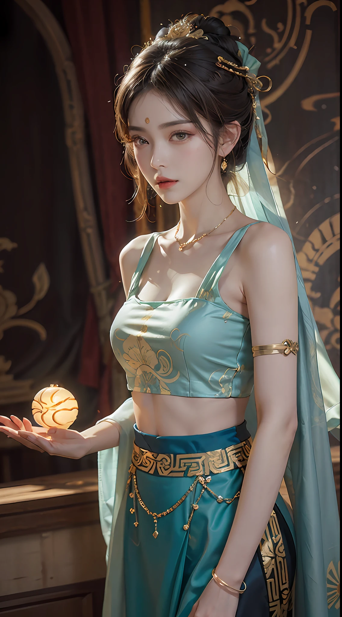 (RAW, Best Quality), Realistic, (Photorealistic Real: 1.3), Best Quality, High Detail, Masterpiece, Extremely detailed, Illustration, 1 25 year old goddess, upper body , Dynamic Angle, mess_long_hair, Best Quality, 8k Wallpaper, extremely detailed dunhuang uniform, Ink, Amazing, Cinematic Lighting, lens_flare, dunhuang_style dress, Sexy, Crop Top, Delicate Collarbone, Patterned Stockings, Gold Pattern all over her body, an ancient goddess, a hanfu-style silk ao dai, a silk dune costume, (dunhuang phi-tian style: 1.8) (fiction dunhuang landscape: 1.8), face beautiful and detailed makeup, thin black eyebrows, detailed eye makeup, big round yellow eyes, high nose, hair in a bun, jewelry on the head and neck, big and regular breasts, round hand on the wrist, jewelry on the goddess dune's shirt, small tattoo in the middle of the goddess dune,
