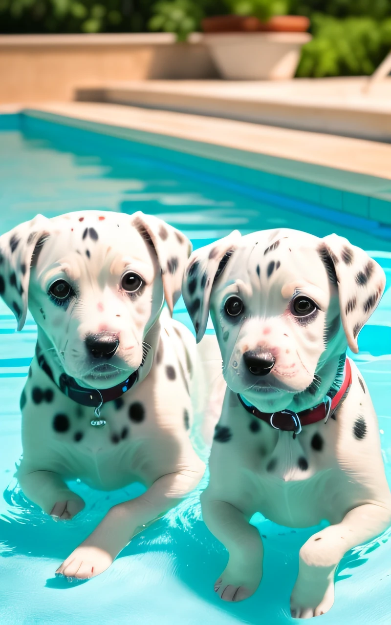 hyper Quality,Cute two Dalmatian puppies,different body colors,swimming in the pool,black eyes,barking,narrow eyes,smile,eos r3 28mm --auto