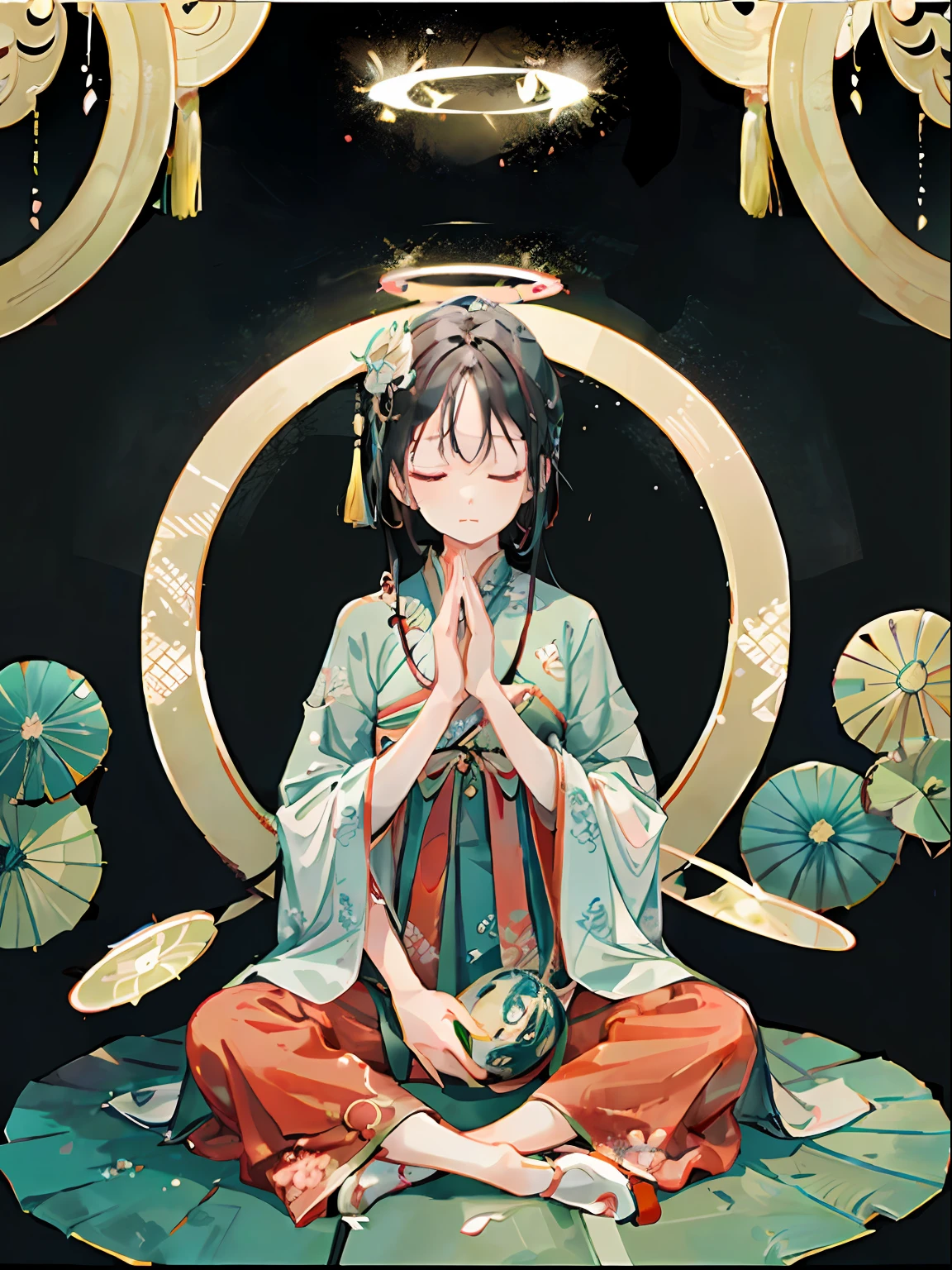 best quality, official art, beautiful and aesthetic:1.2), extreme detailed, a girl, 3 years old, Put her hands together, praying,  head down, Sit crosslegged, Meditate with your eyes closed, a lotus, dressed in chinese clothes, the painting style refers to qi baishi, xu beihong, God rays, Halo, Rim light, frontal forward, symmetrical composition, tang dynasty, charming characters, cute and dreamy