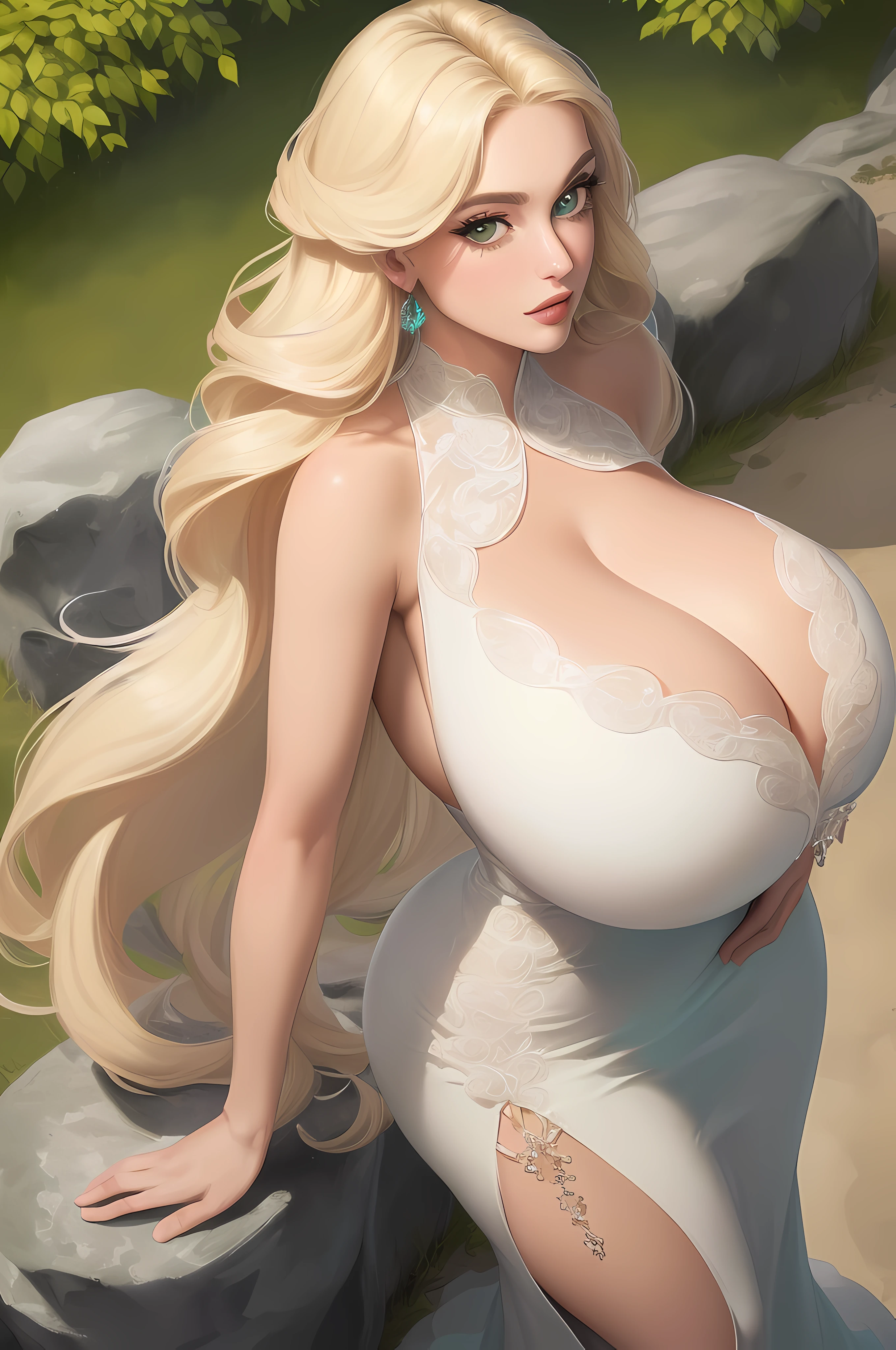 (Ultra Quality,Unparalleled Masterpiece:1.4),Ultra-Detailed CG 4K,(Ultra-Detailed Clear Absurdly-Vivid Mint Big Eyes:1.2),Gorgeous Round Detailed Face(Voluptuous:1.4)Elf(Gigantic Breasts:1.8)(Voluminous Long Blonde Hair: 1.4),ADULT(Bangs, Sidelocks:1.2)Seductive(intricately detailed white dress:1.3)(Zelda)(Celestine Lucullus: 1.2)(Solo:1.4)(1Girl: 0.5)(Facing Viewer:1.2)(arms behind back:1.2)(Cowboy Shot:1.2)(from above:1.1),Skindentation(Curvaceous:1.4)(Curvy:1.4)(Bimbo: 1.4)(Normal Waist: 1.2)(Thick Lips: 1.3)small-nose(light smile: 1.2)Rocks,Trees, Plants,Bush, (Erotic face:1.4)