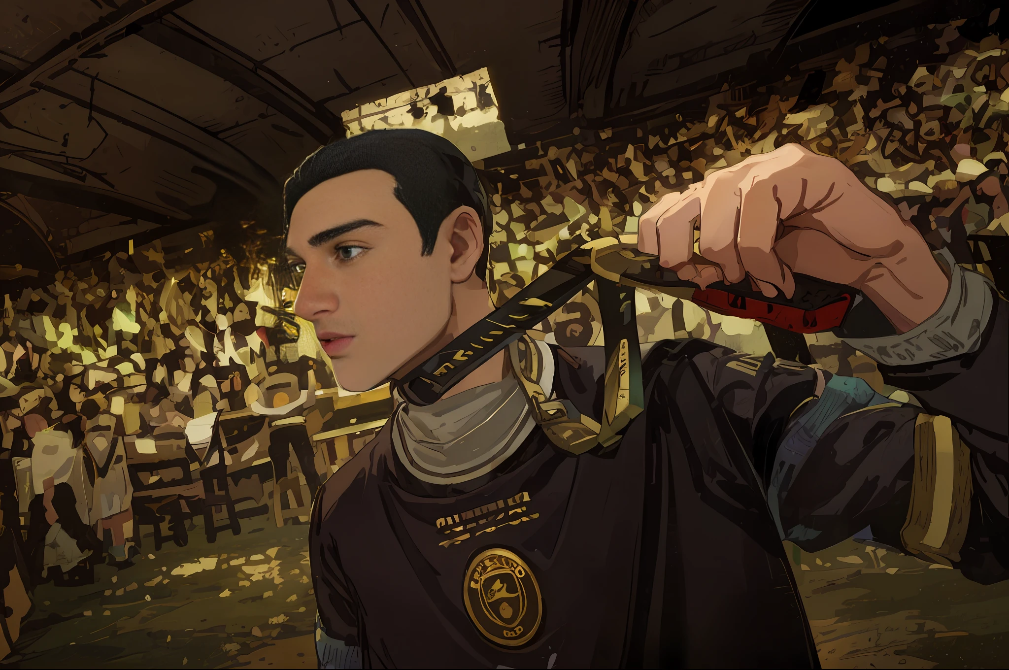 Black hair, green eyes, boy, 20 years old, medieval, swordsman, killer, top light, atmospheric light, cinematic sense