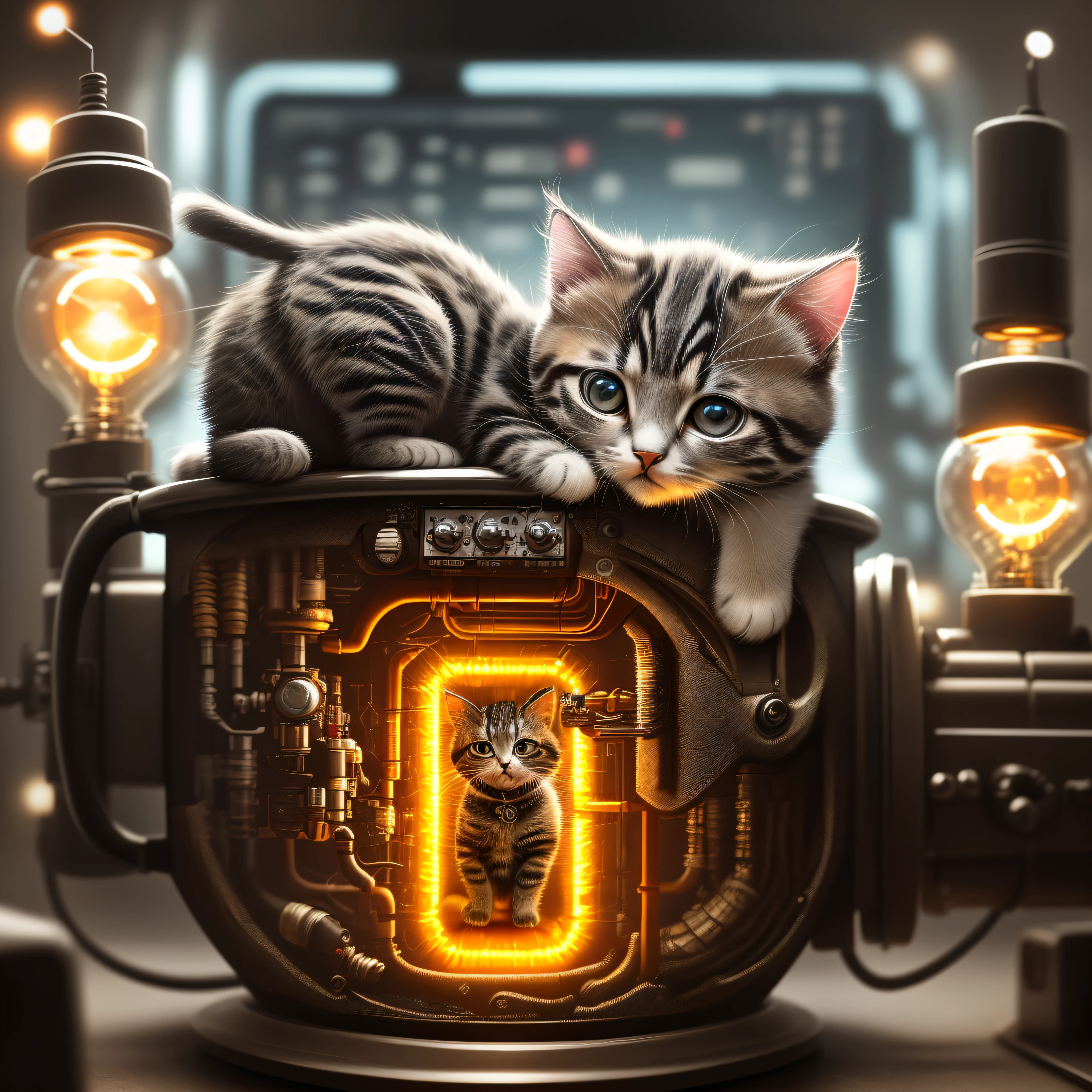 cute kitten made of metal, cyborg, cyberpunk style, ((intricate details)), hdr, big eyes, ((intricate details, hyperdetailed)), vacuum tube or electron tube, cinematic background, vignette, bokeh effect backdrop