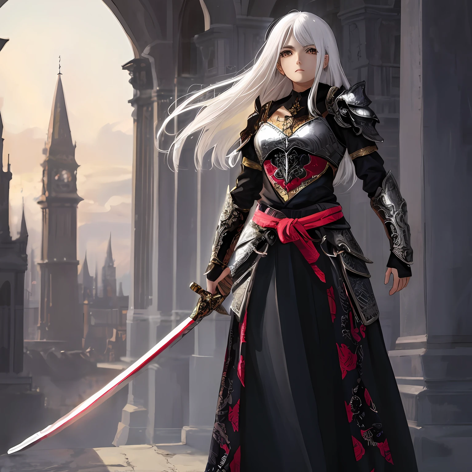Anime female, female character, small bell hanging from the waist, indifferent, white hair, white hair