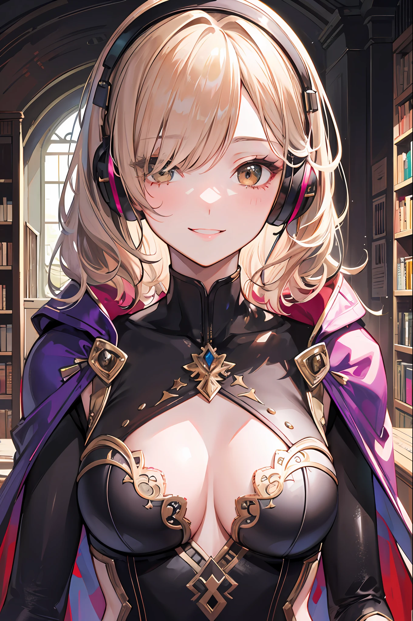 masterpiece, ((ultra detailed background, delicate pattern, intricate detail)), (highly detailed, fine details), best quality, beautiful lighting, ((medium , slim girl)), (Evangeline Lilly:dua lipa) , ((mischievous smile)) ,(bangs covering one eye), ((light ginger hair)),headphones, (brown eyes), dark-purple jacket, ((pink bodysuit, full-body suit)), complex detailed background, inside, castle room environment, medieval castle, gray walls, window, bookshelf, (close-up, portrait),
