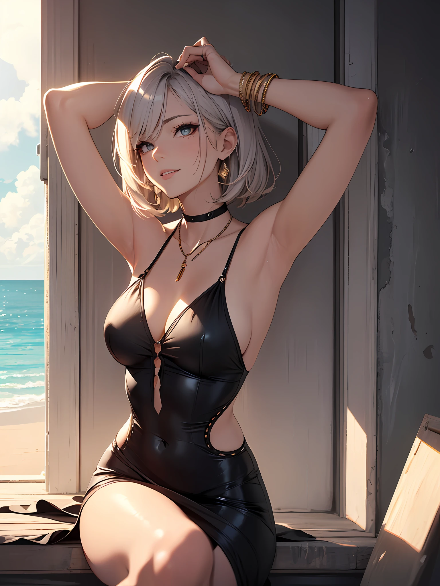 (masterpiece, best quality), (finely detailed beautiful eyes), (finely detailed eyes and detailed face), (scenery), (extremely detailed CG, ultra-detailed, best shadow), ((depth of field)), beautiful concept illustration, (illustration), (extremely fine and beautiful), (perfect details), cowboy shot, young girl, swimsuit, smile, happy, Mode Girl, Cool and sophisticated hairstyle, Bob cut, short hair, medium hair, Simple styling, sharp lines, Natural and elegant makeup, To make the skin shine and bring out a sense of transparency, Simple eye makeup, mascara, Lips are subdued or colors, Minimalism, monotone, simple color palettes, Clean, sharp designs, flowing silhouettes, asymmetrical, geometric, Elegant and luxurious materials and designs, Simple, minimal accessories, Slim necklaces and rings in silver or gold, Simple bangles, Distinctive designs, simple silhouettes, chic and mature impression, simple and sophisticated style, elegance, minimalism, high quality materials, cool and urban impression, high fashion, simplicity and sophistication, beautiful sky, cloud, sun, sun light, sitting, knees up, summer, Summer Pool Party, lens flare, shining, aureole,
