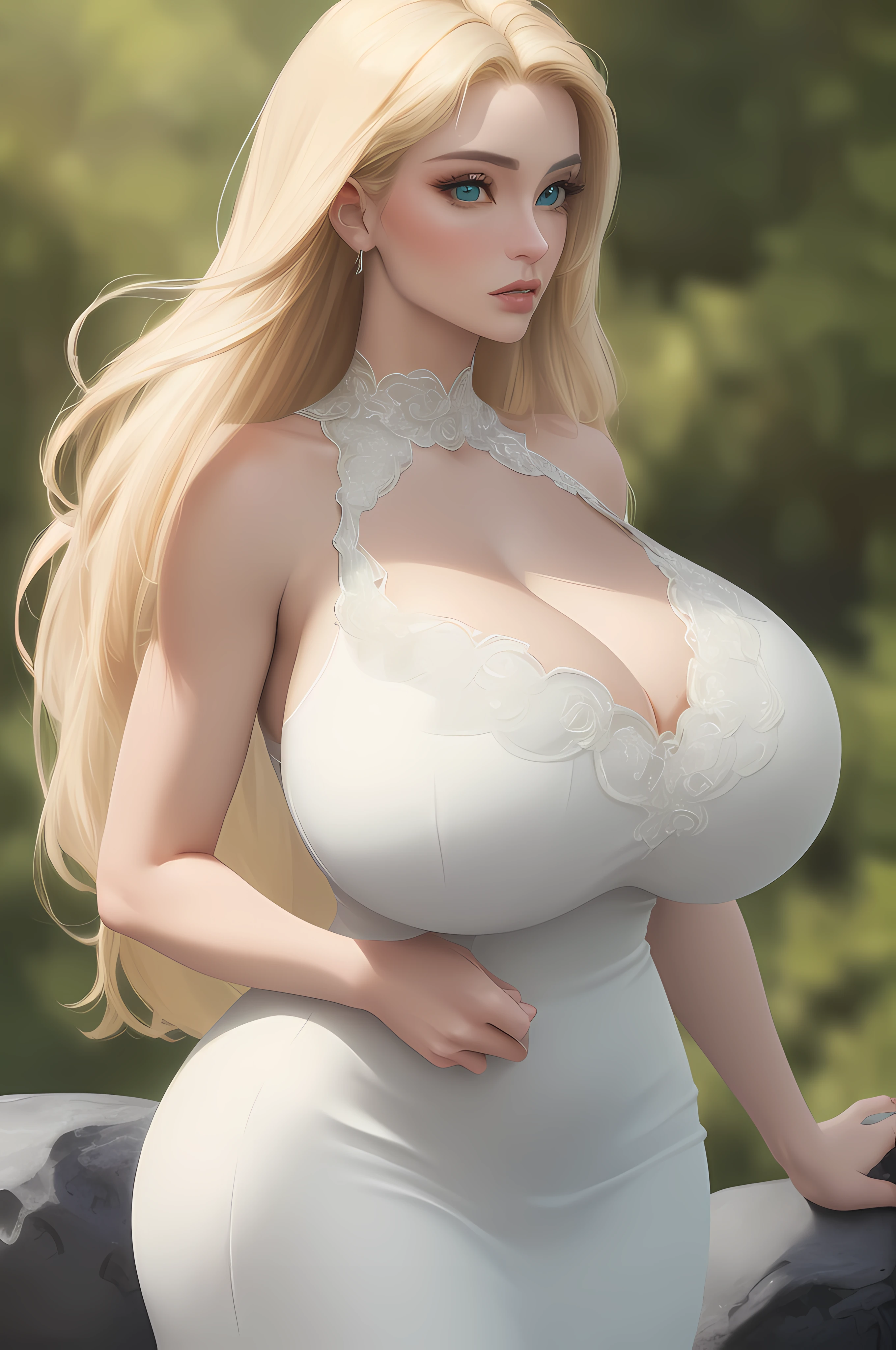 (Ultra Quality,Unparalleled Masterpiece:1.4),Ultra-Detailed CG 4K,(Ultra-Detailed Clear Absurdly-Vivid Mint Big Eyes:1.2),Gorgeous Round Detailed Face(Voluptuous:1.4)Elf(Gigantic Breasts:1.8)(Voluminous Long Blonde Hair: 1.4),ADULT(Bangs, Sidelocks:1.2)Seductive(intricately detailed white dress:1.3)(Zelda)(Celestine Lucullus: 1.2)(Solo:1.4)(1Girl: 0.5)(Facing Viewer:1.2)(arms behind back:1.2)(Cowboy Shot:1.2)(from above:1.1),Skindentation(Curvaceous:1.4)(Curvy:1.4)(Bimbo: 1.4)(Normal Waist: 1.2)(Thick Lips: 1.3)small-nose(light smile: 1.2)Rocks,Trees, Plants,Bush, (Erotic face:1.4)