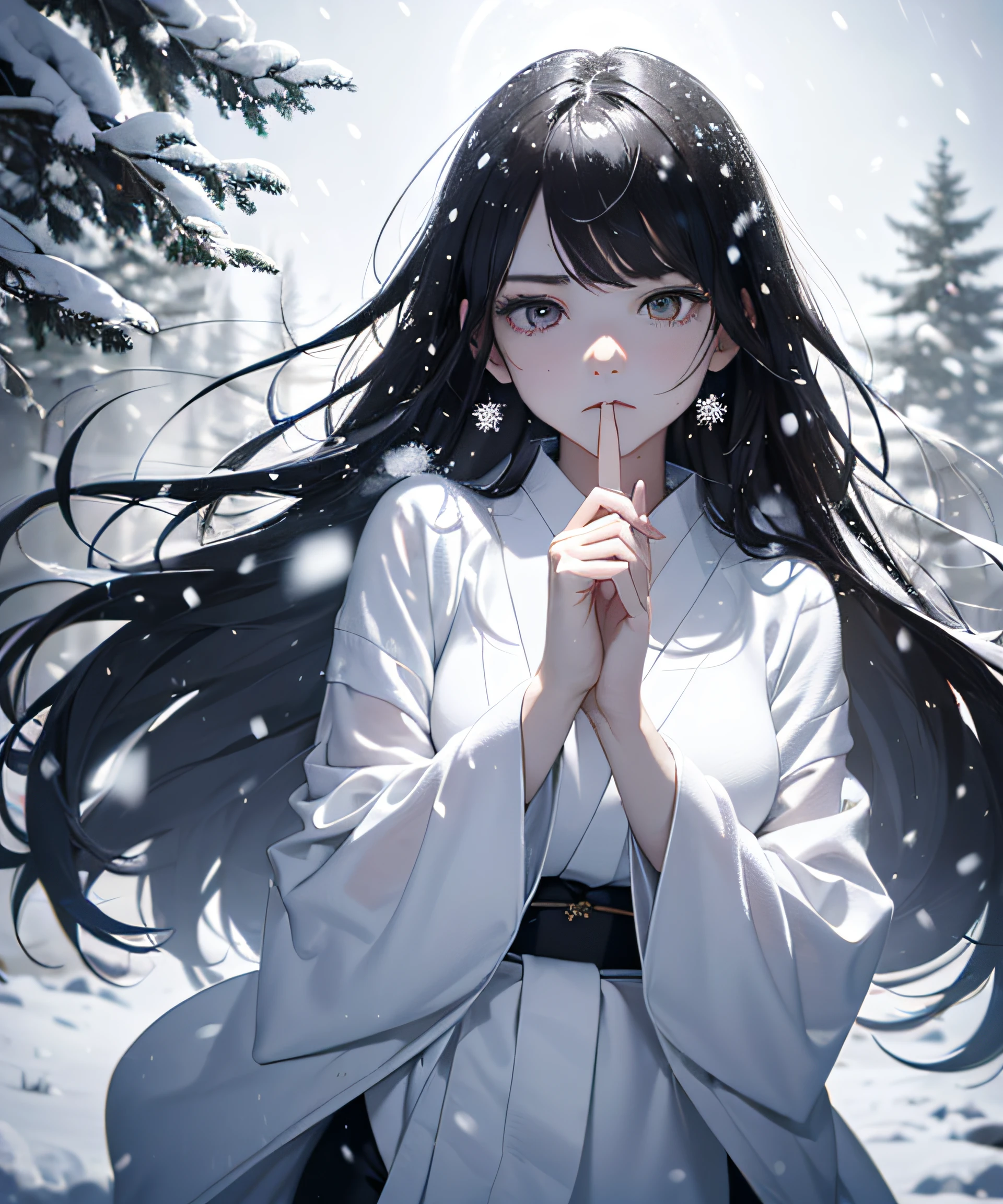 Top Quality, Realistic, Jet Black Background, High Resolution, Fade Out, Translucent, (Snowfall: 1.5), (Haze: 1.5), (In the Deep Forest), (Snow Falling), ((Snow Light)), (Blowing Snow))), (Snow Storm))))), (Ghost of a beautiful snow woman with jet-black long hair in a white silver yukata: 1.8), (Lower body fades out: 1.5)))), anger, rage, melancholy, ( shaking black hair), glossy, shining skin, beautiful and beautiful, (((losing yourself in anger and forgetting the cold)), ((arms spread forward)), (monochrome: 1.5), (black and white: 1.5), (glaring platinum eyes), whiteout, white and white and white, lower body fades out, lower half fades out
