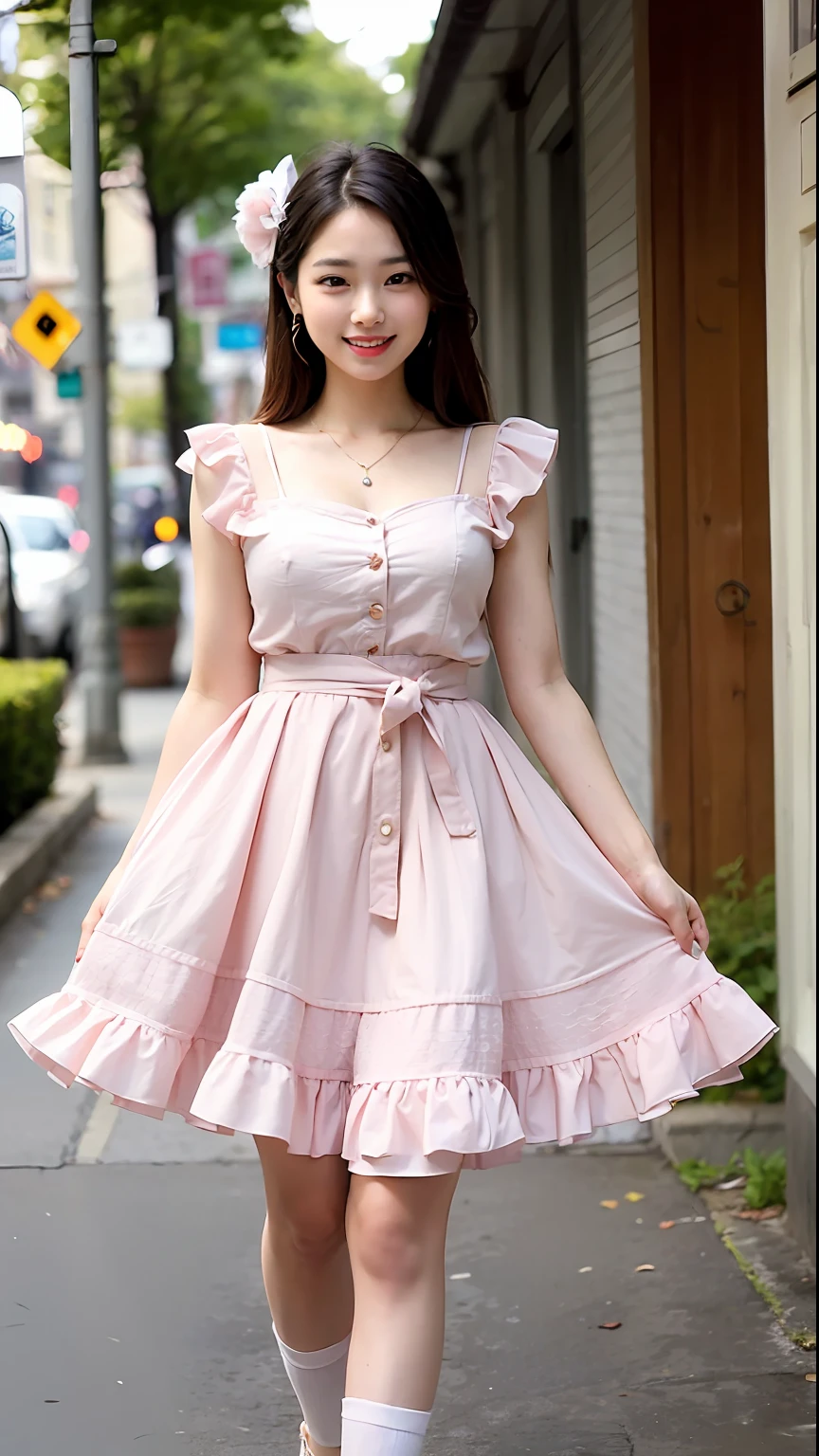 (top quality, 8k, 32k, masterpiece, UHD: 1.2), 1 girl, beautiful woman, thin waist, 24 years old, standing figure, (girly fashion), (pastel colors, ruffled clothes, clothes with ribbons, long skirts with floral patterns, blouse with lace, socks with ruffles, loafer pumps), cinematic light, (smile at whoever you like),