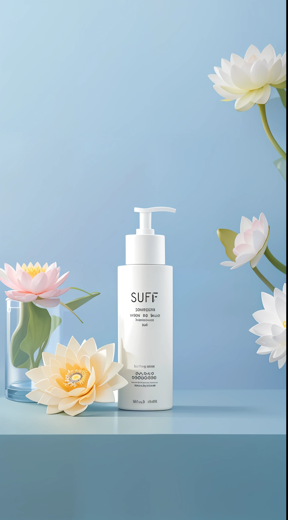 there is a bottle of water with a flower on it, lotus, official product image, photoshoot for skincare brand, su fu, official product photo, product photo, miniature product photo, close-up product photo, ji-min, lu ji, textured base ; product photos, product introduction photo, ƒ5.6, zun, detailed picture, japanese collection product