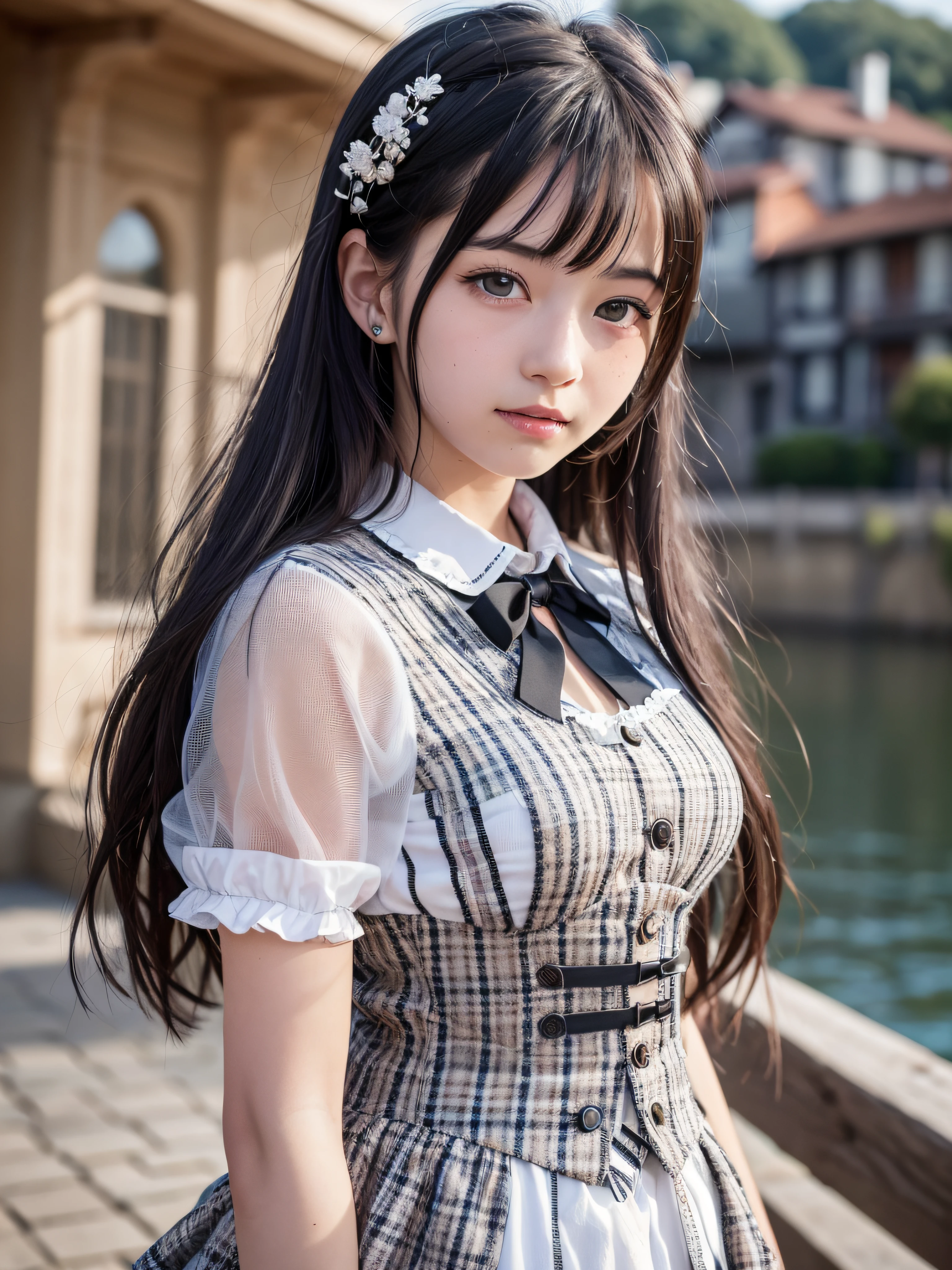 (realistic, photo-realistic:1.37), incredibly absurdres, (insanely detailed:1.3), 8k, (masterpiece), (best quality:1.4), (ultra high res:1.2), (RAW photo:1.2), ultra detailed background, (unity 8k wallpaper), 1 nogizaka girl, utterly cute, (((bishojo:1.4))), (((15yo:1.35))), (chiemsee tracht), an exquisitely detailed and beautiful face and eyes and skin, detailed black shine hair, small-medium breasts, a chiemsee tracht with delicate and beautiful soft fabric, smile at the camera, cowboy shot, the view from lake geneva, professional lighting