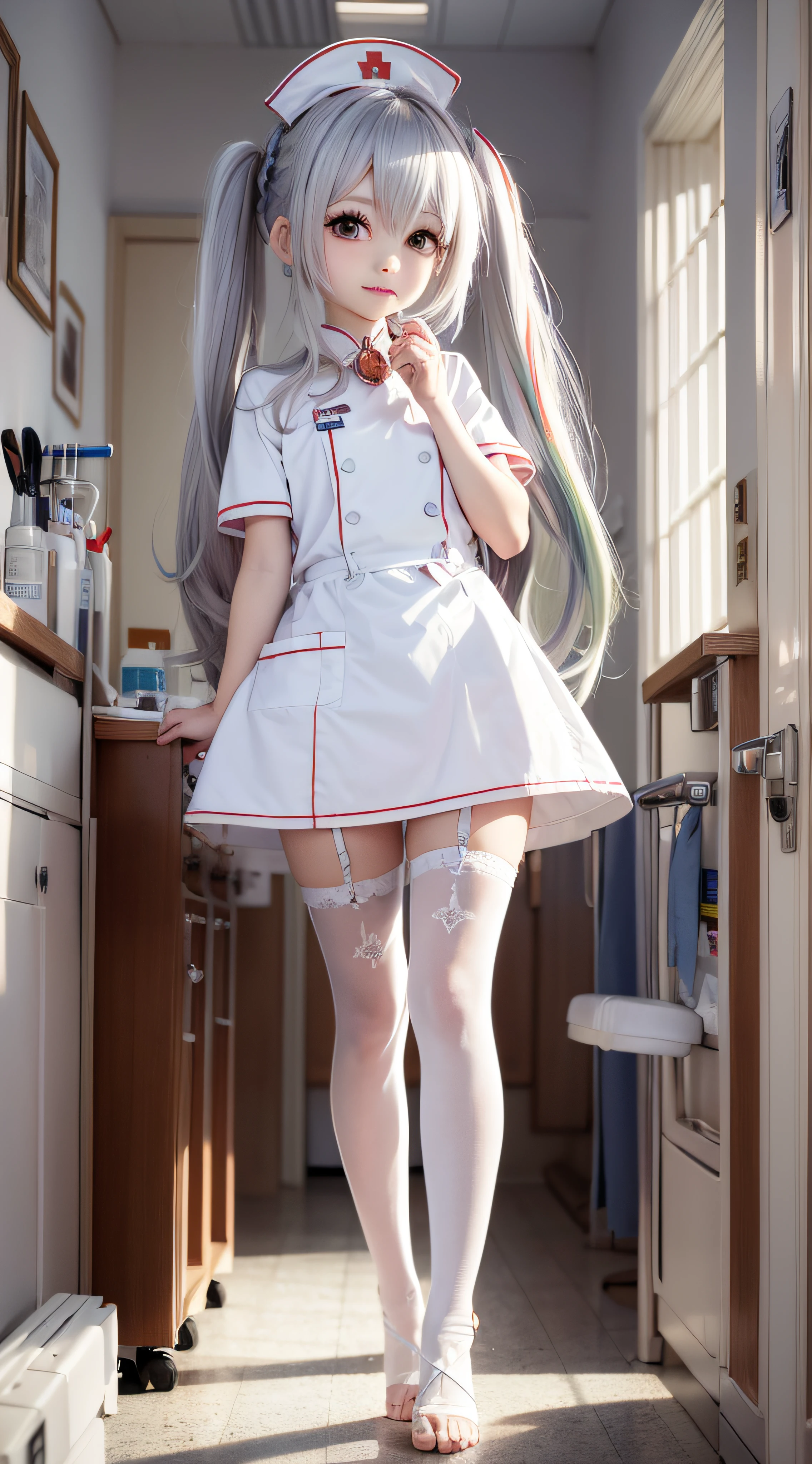 4K wallpaper, best anime poster, 1girl, full body photo, white  thin, hospital, hospital bed, cute feet, face, white mask, nurse, nurse cap, injection, huge syringe, stockings, charming eyes, alluring anime girl, exquisite details