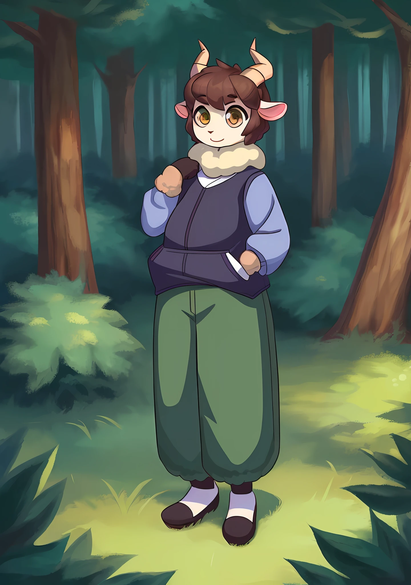 Best quality, super detailed illustration, (1 female furry Sheep with horns: 1.5), brown hair, malachite eyes, (robber's clothes: 1.7), forest, highest quality, full-length, full body visible, perfect body, (very fluffy: 1.5), adult, (short hair: 1.5),
