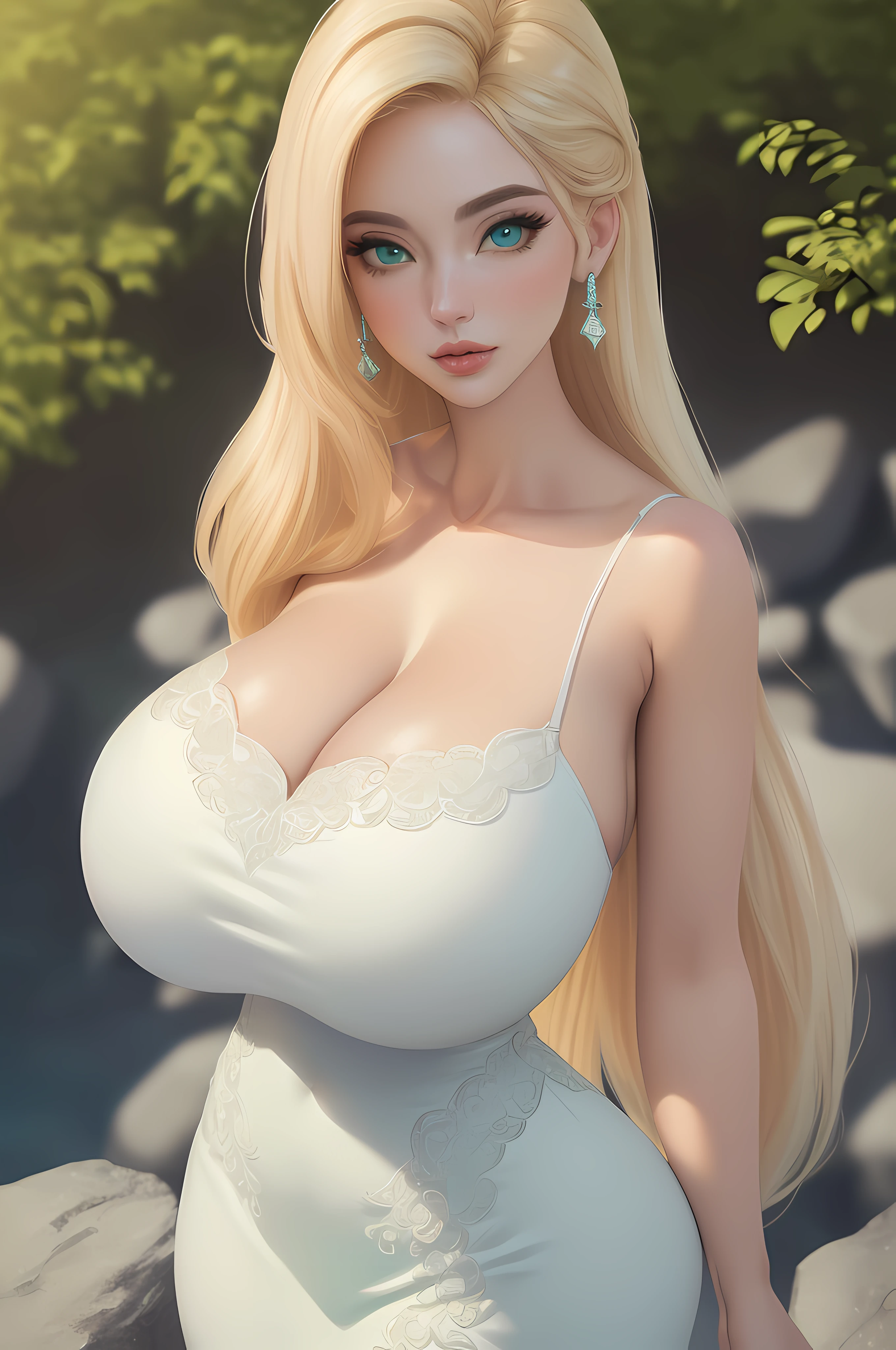 (Ultra Quality,Unparalleled Masterpiece:1.4),Ultra-Detailed CG 4K,(Ultra-Detailed Clear Absurdly-Vivid Mint Big Eyes:1.2),Gorgeous Round Detailed Face(Voluptuous:1.4)Elf(Gigantic Breasts:1.8)(Voluminous Long Blonde Hair: 1.4),ADULT(Bangs, Sidelocks:1.2)Seductive(intricately detailed white dress:1.3)(Zelda)(Celestine Lucullus: 1.2)(Solo:1.4)(1Girl: 0.5)(Facing Viewer:1.2)(arms behind back:1.2)(Cowboy Shot:1.2)(from above:1.1),Skindentation(Curvaceous:1.4)(Curvy:1.4)(Bimbo: 1.4)(Normal Waist: 1.2)(Thick Lips: 1.3)small-nose(light smile: 1.2)Rocks,Trees, Plants,Bush, (Erotic face:1.4)